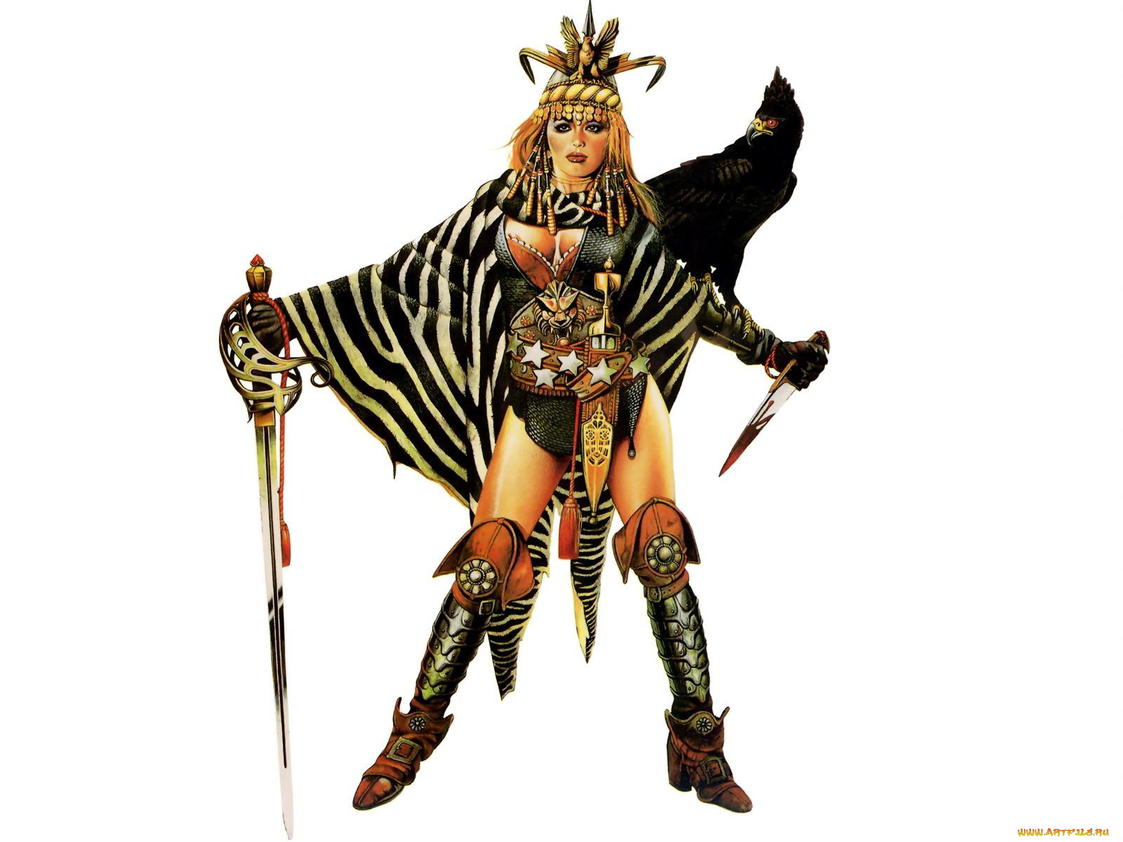 raven, рисованные, chris, achilleos, кинжал, птица, хищник, меч, плащ