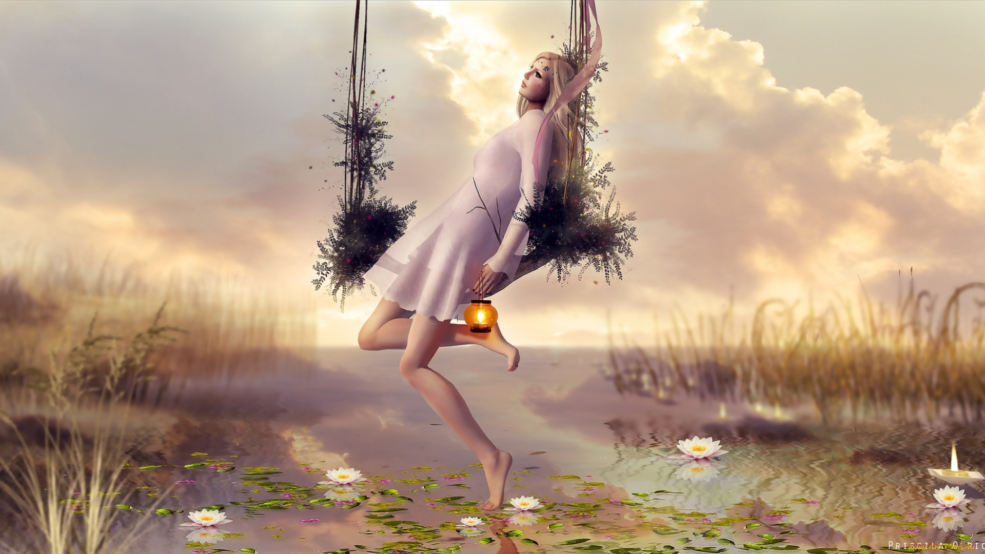 3д, графика, people, люди, качели, кувшинки