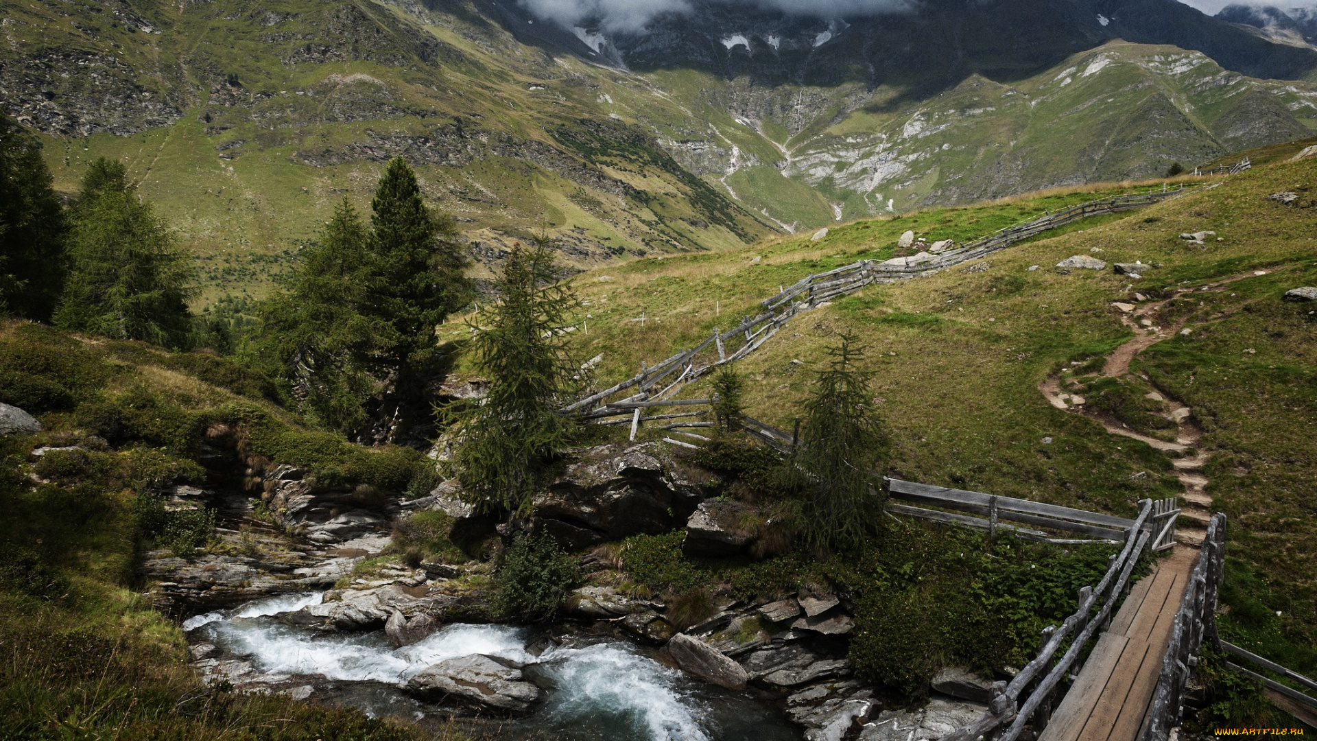природа, пейзажи, горы, река, луга, мостик, тропа