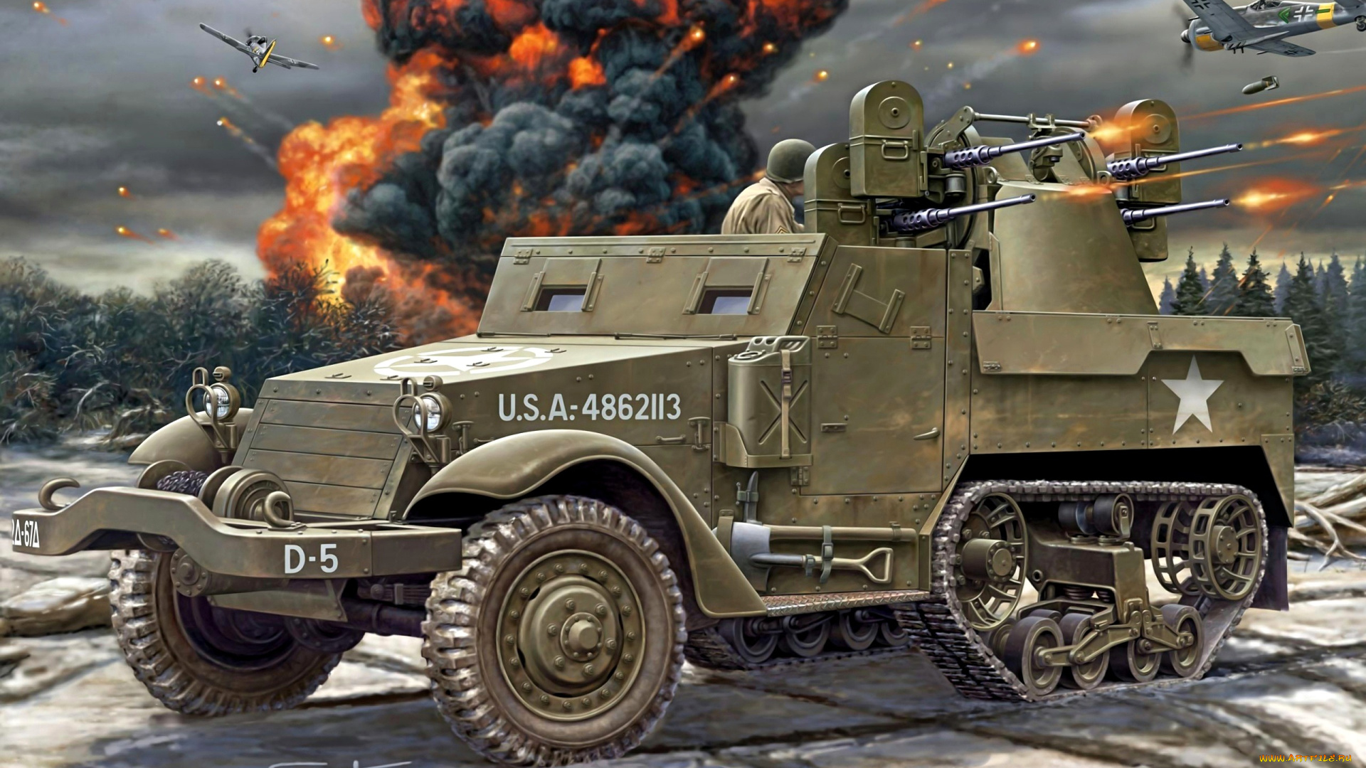 рисованные, армия, m3, half-track, personnel, carrier, американский, полугусеничный, бронетранспортёр, м16, счетверенная, зсу, пулеметы, браунинг, стрельба, самолеты, бомбы, взрывы, ww2