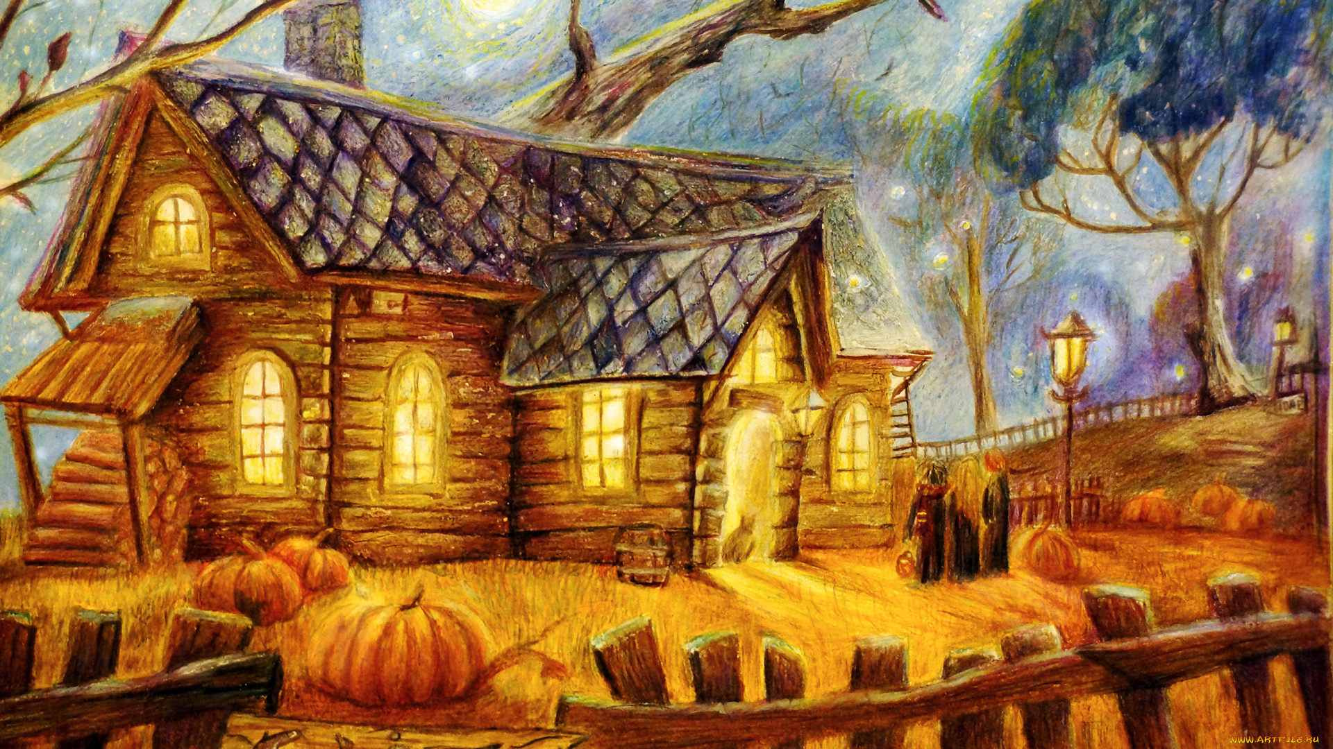 рисованные, праздники, тыква, домик