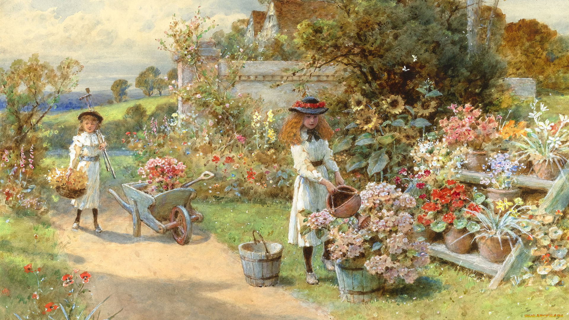 рисованные, живопись, william, stephen, coleman, лето, дети, девочки, шляпки, цветы, подсолнухи, сад, деревья, дом, корзинки, тачка, забор, ручей, дорожка, настроение