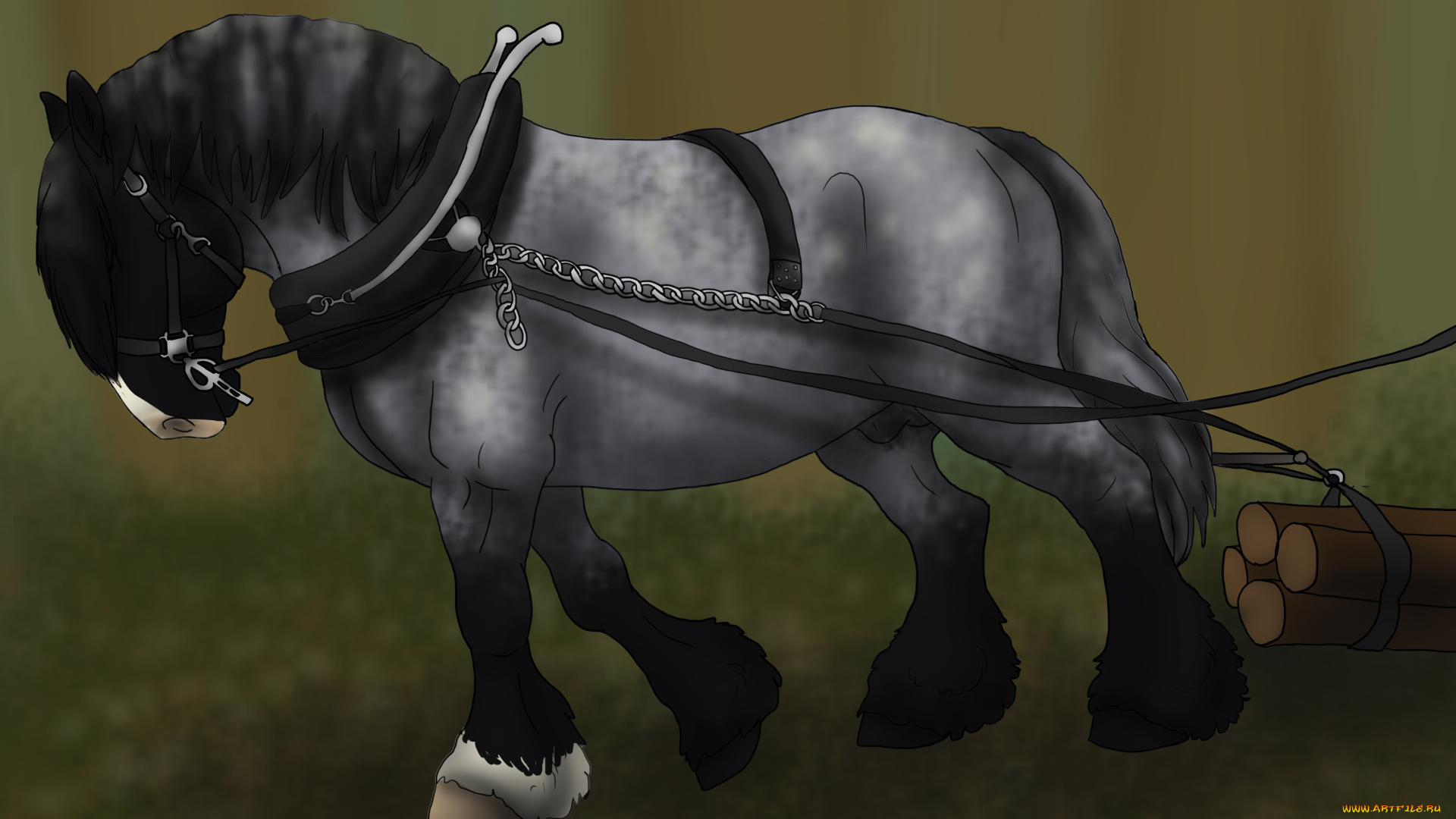 рисованные, животные, лошади, лошадь, бревна