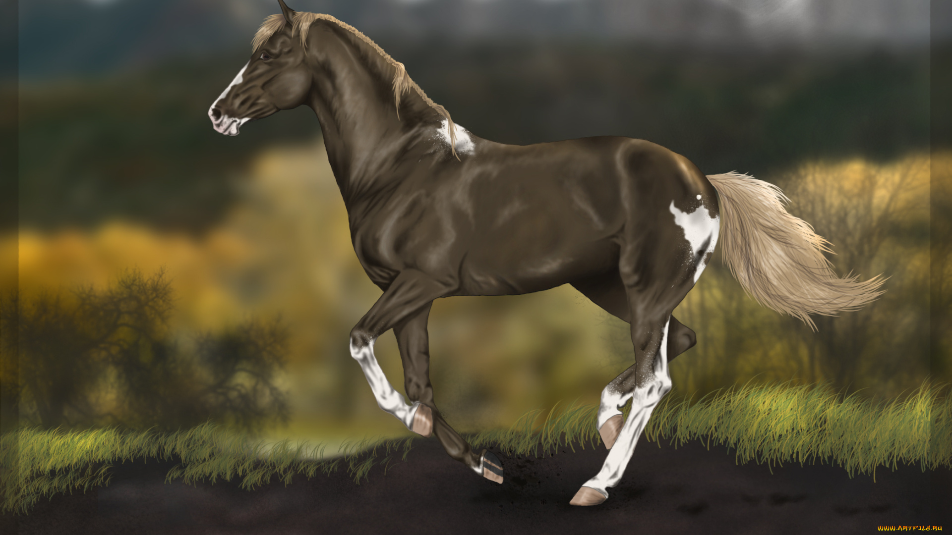 рисованные, животные, лошади, лошадь, лето, фон, трава