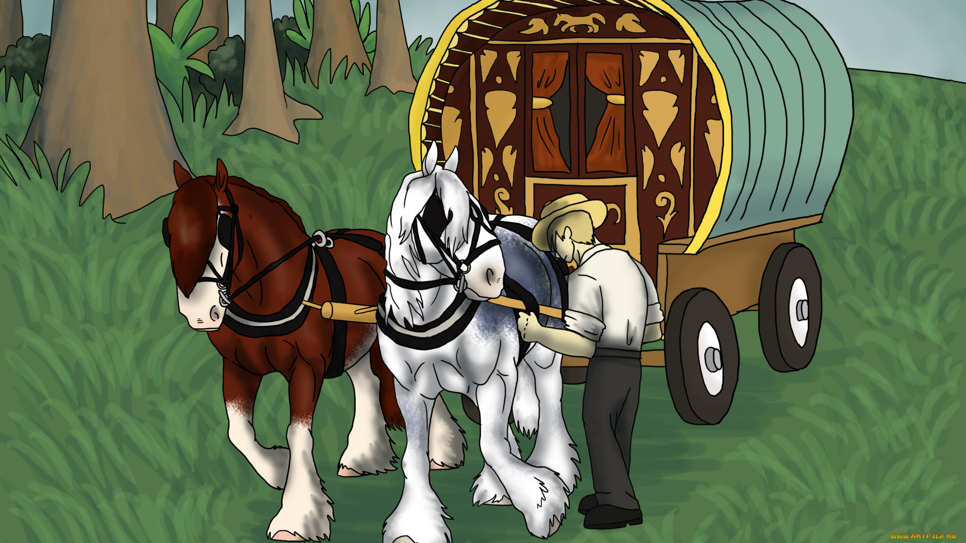 рисованные, животные, лошади, телега
