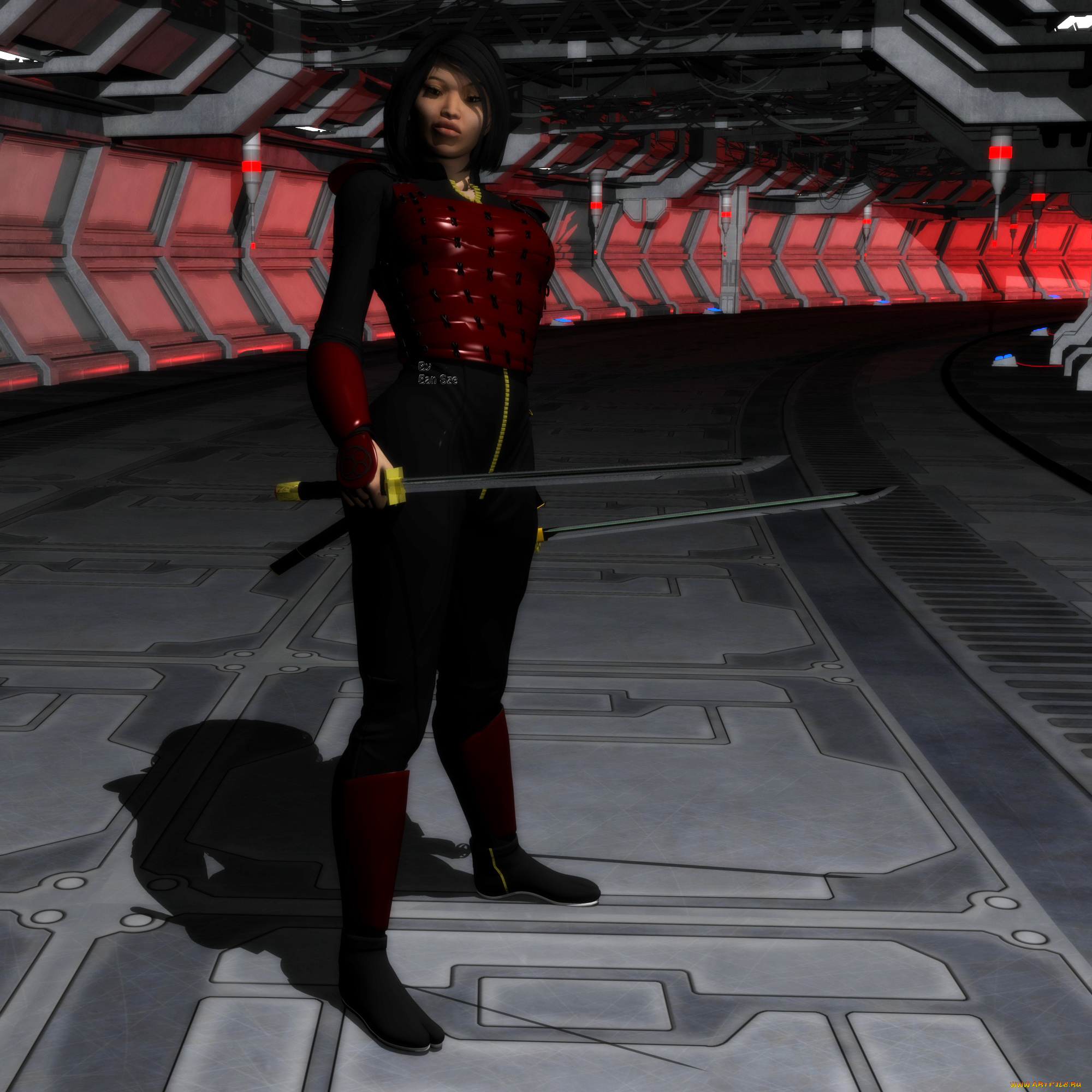 3д, графика, fantasy, фантазия, девушка, взгляд, мечи, тень