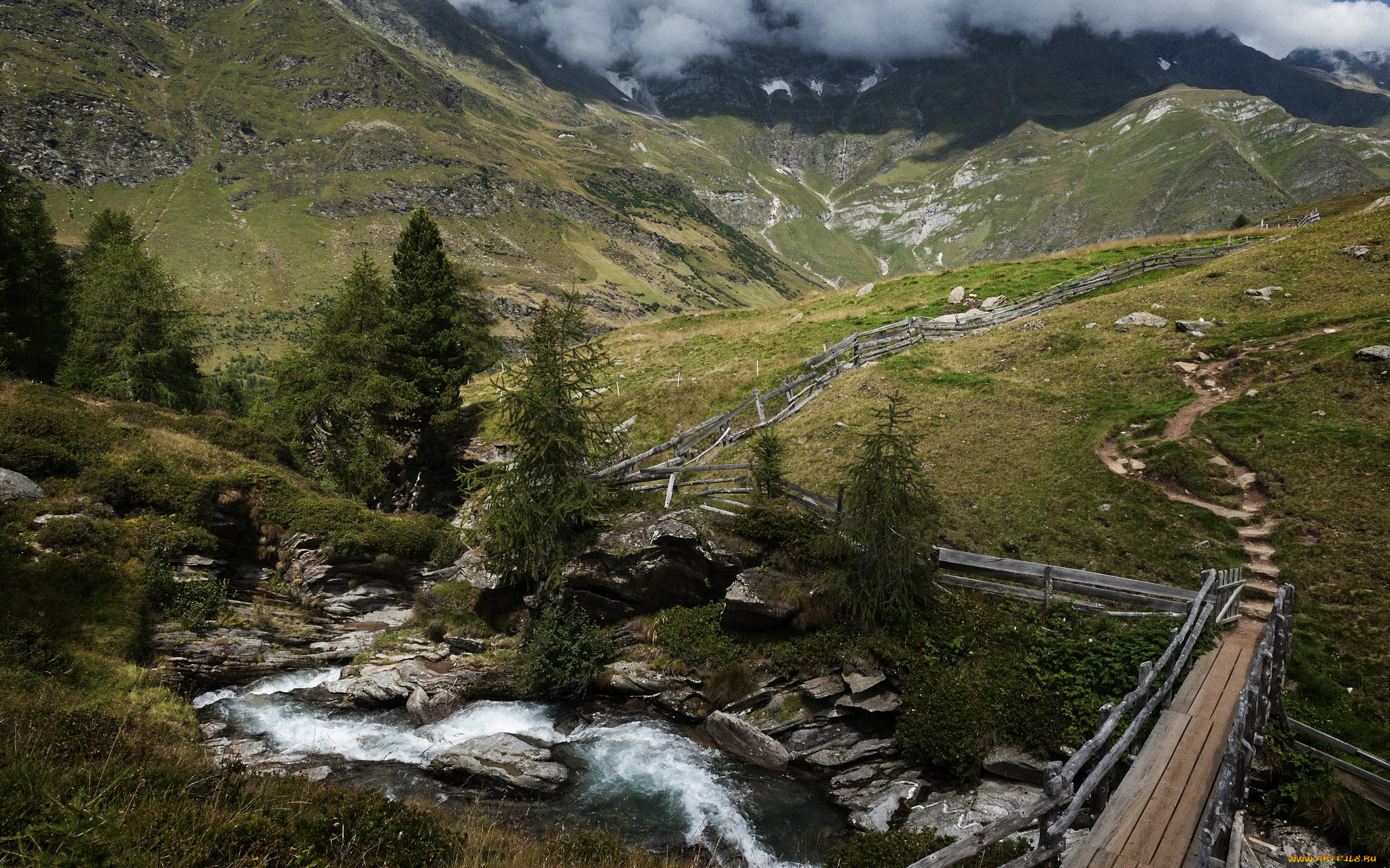 природа, пейзажи, горы, река, луга, мостик, тропа