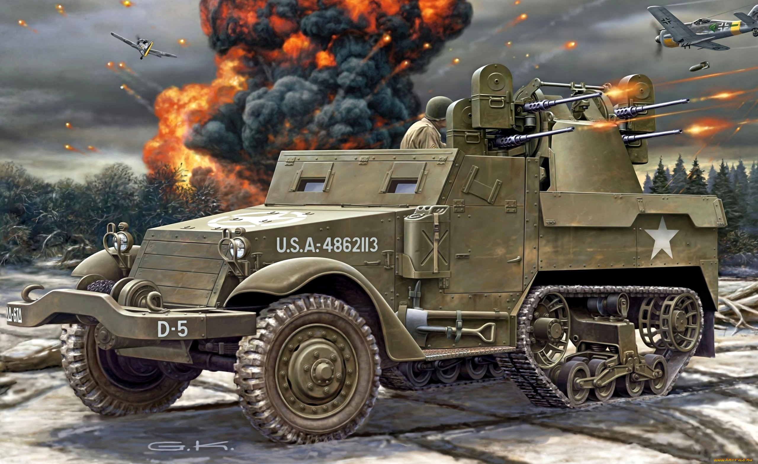 рисованные, армия, m3, half-track, personnel, carrier, американский, полугусеничный, бронетранспортёр, м16, счетверенная, зсу, пулеметы, браунинг, стрельба, самолеты, бомбы, взрывы, ww2
