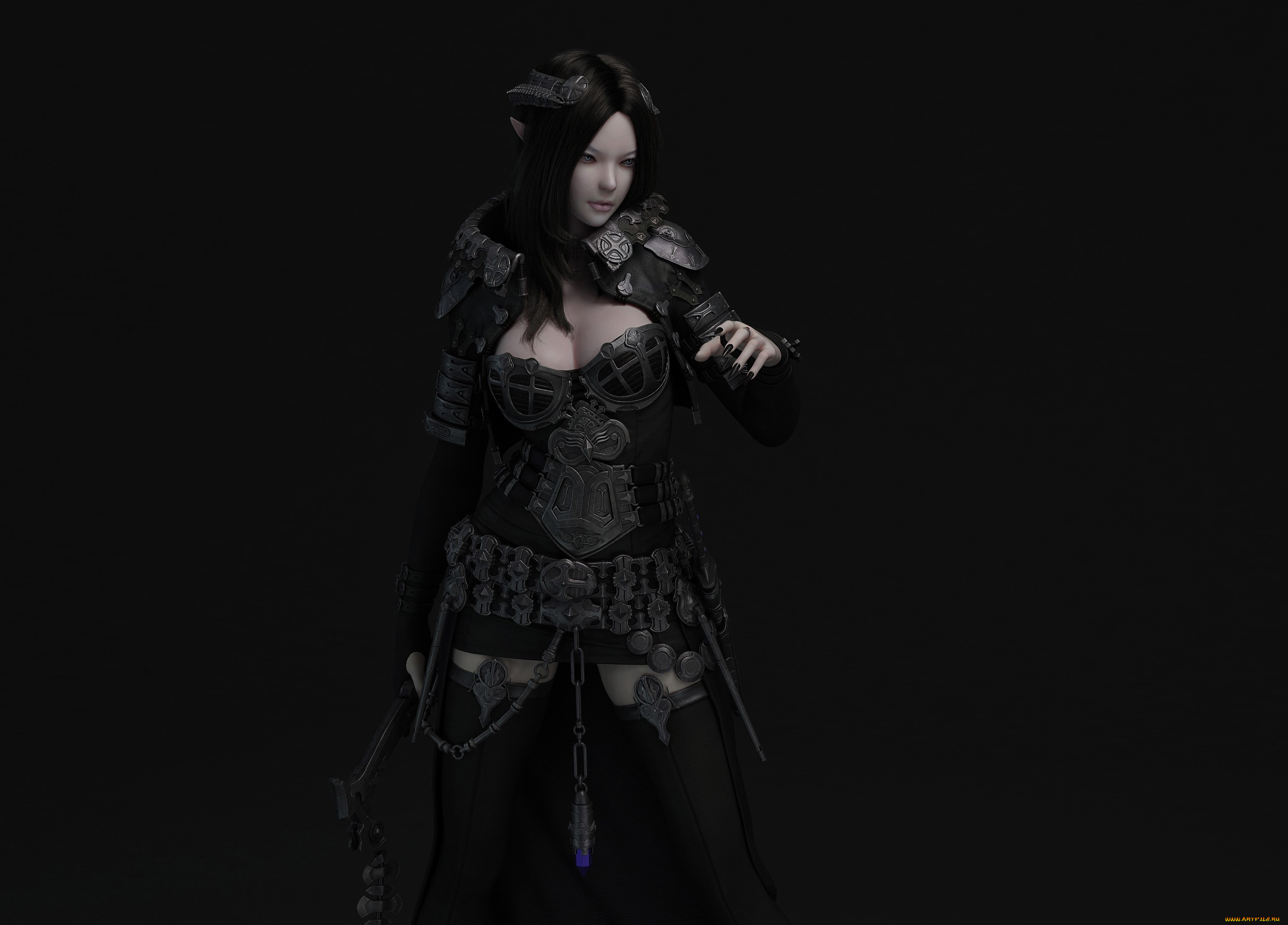 3д, графика, fantasy, фантазия, рендер, девушка, уши, броня, оружие, темный, фон