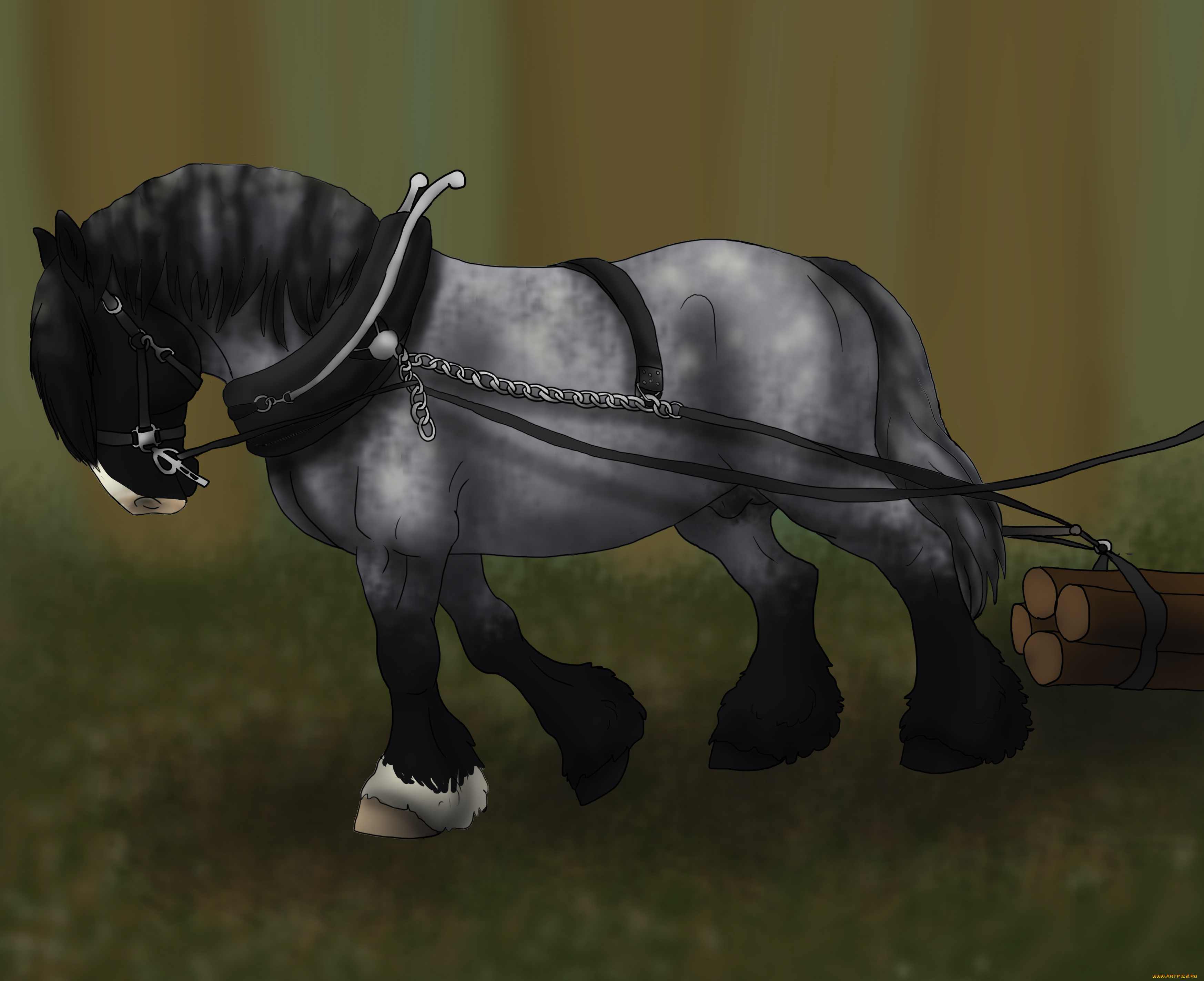 рисованные, животные, лошади, лошадь, бревна