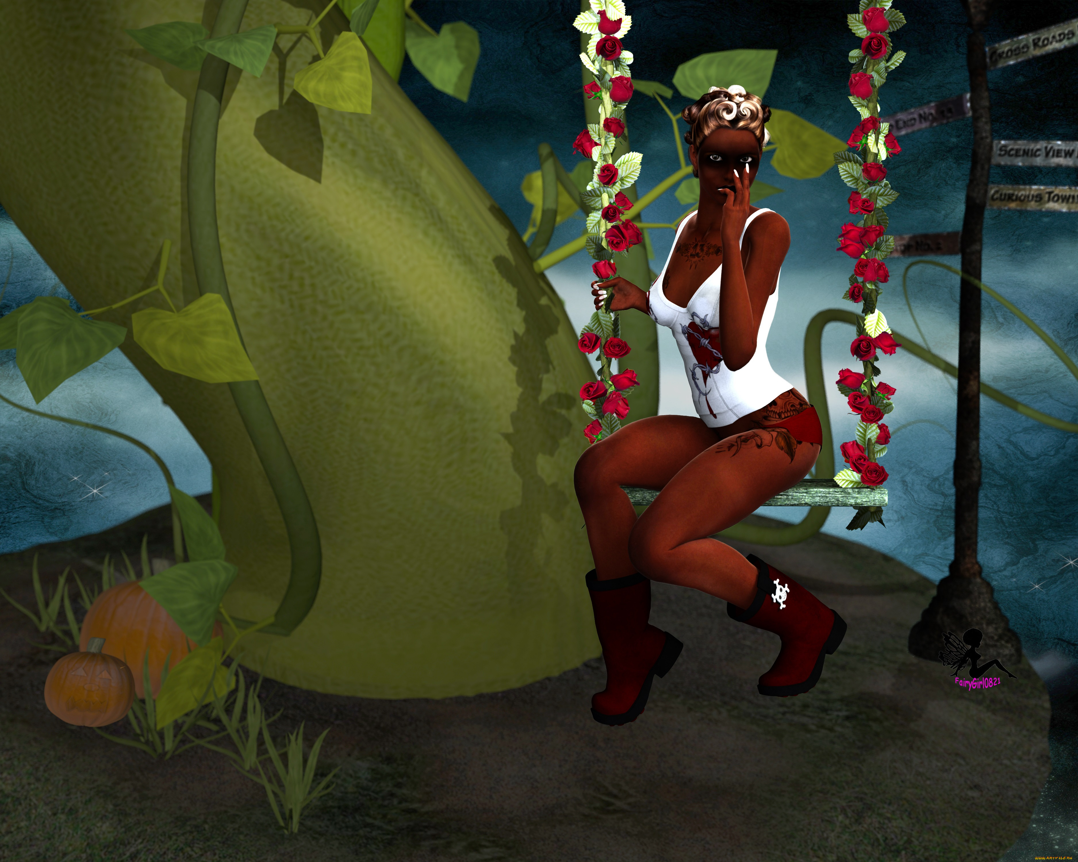 3д, графика, fantasy, фантазия, девушка, качели, цветы, тыква