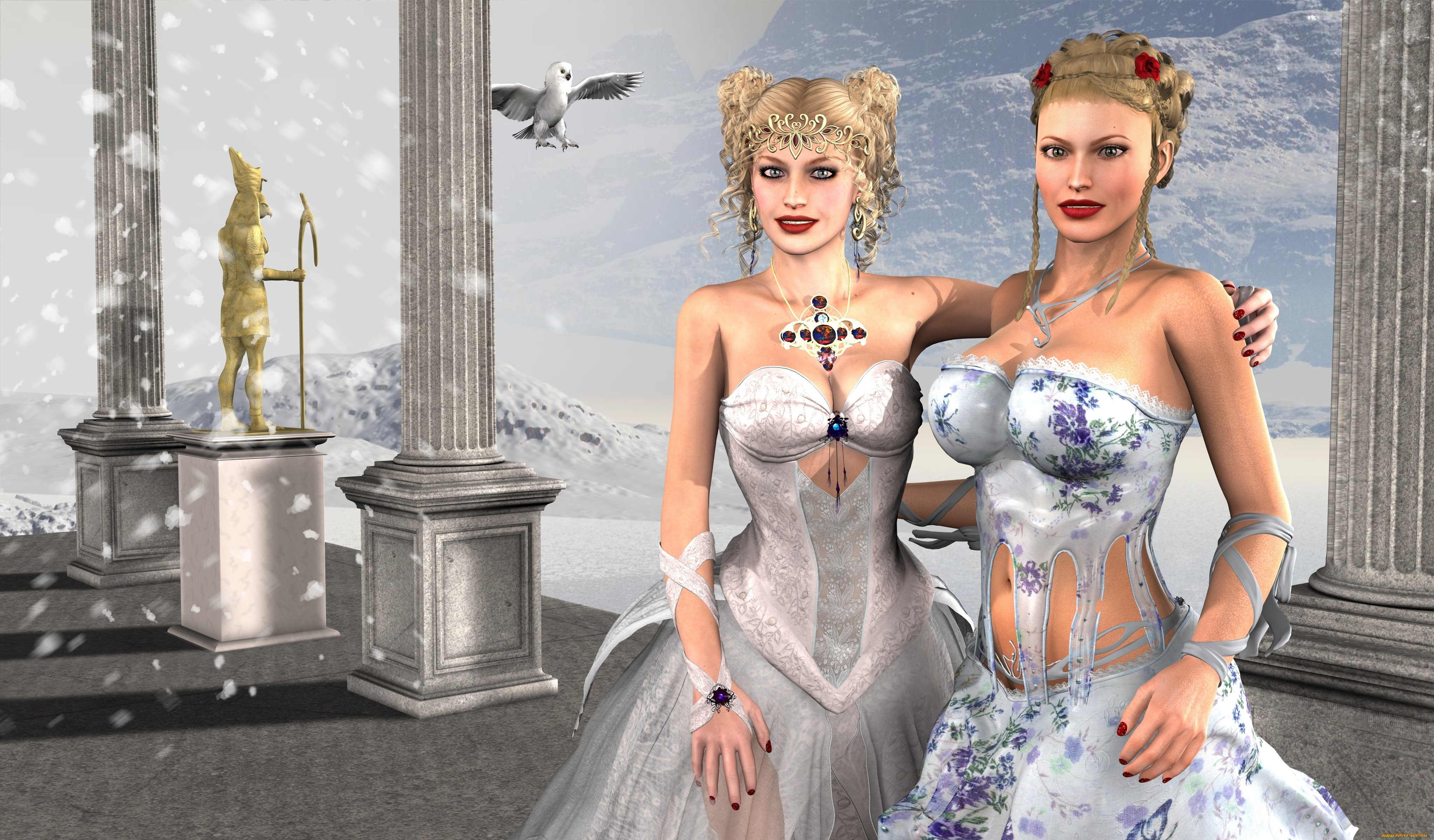 3д, графика, people, люди, сова, девушки, колоны, скульптура