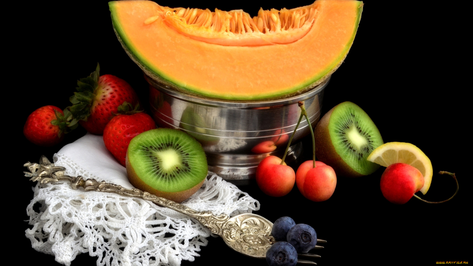 еда, фрукты, и, овощи, вместе, киви, клубника, дыня, черешня, голубика