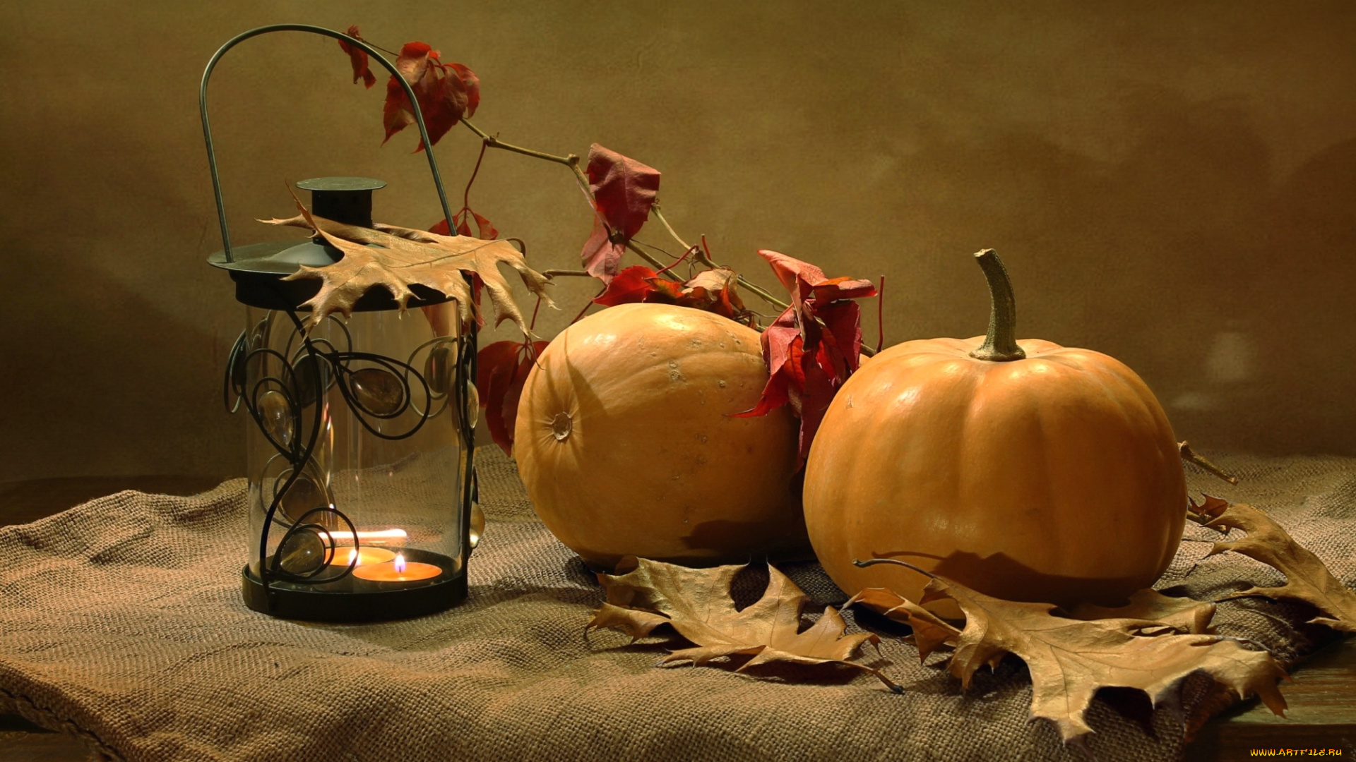 еда, тыква, фонарь, листья, осень