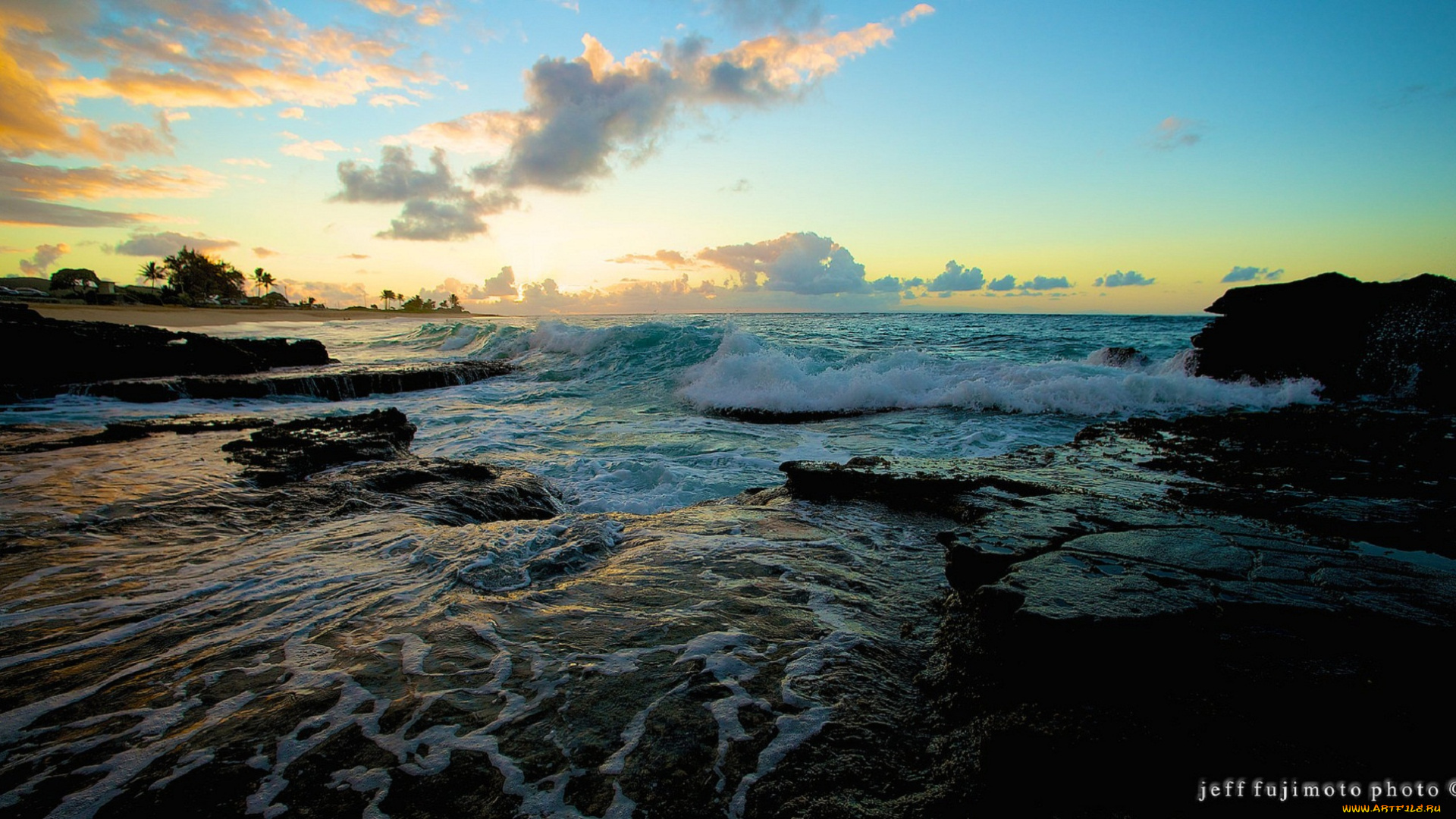 природа, побережье, море, скалы, закат, облака, небо, горизонт, волны