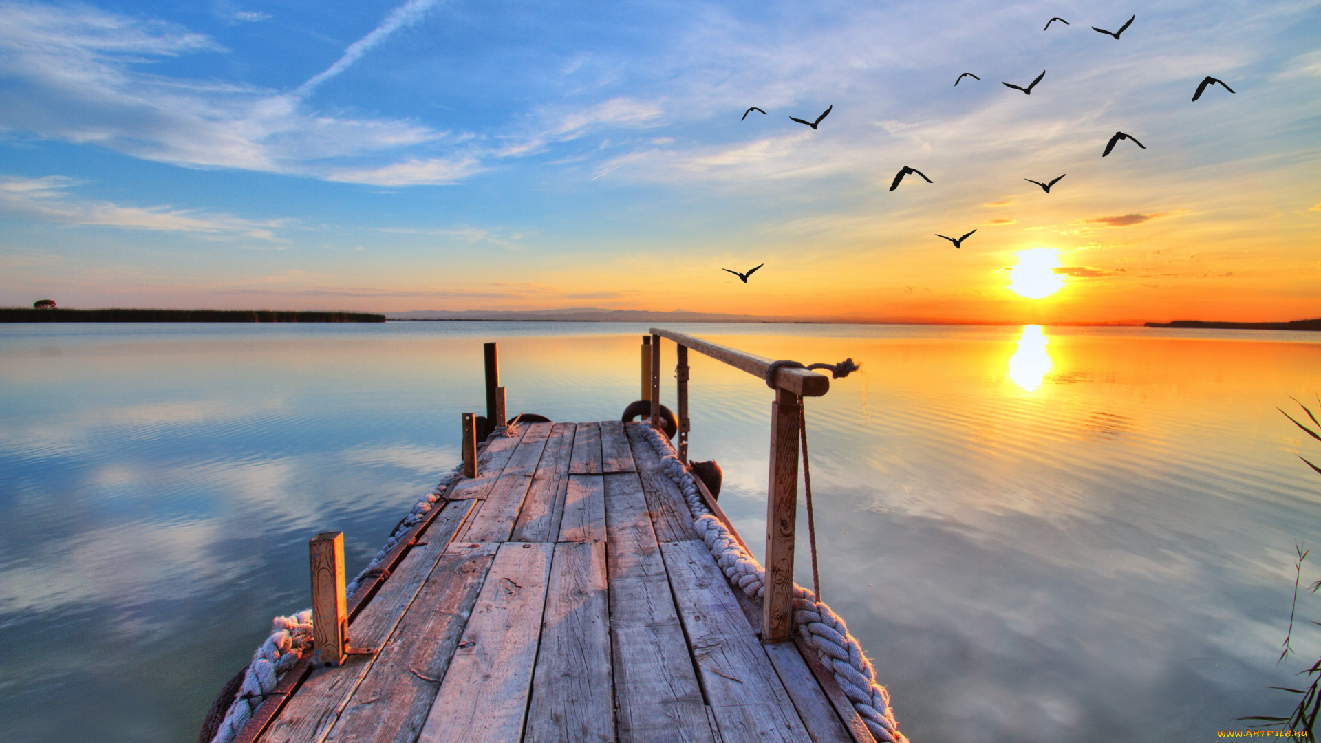 природа, восходы, закаты, landscape, nature, чайки, озеро, закат, pier, lake, sunset