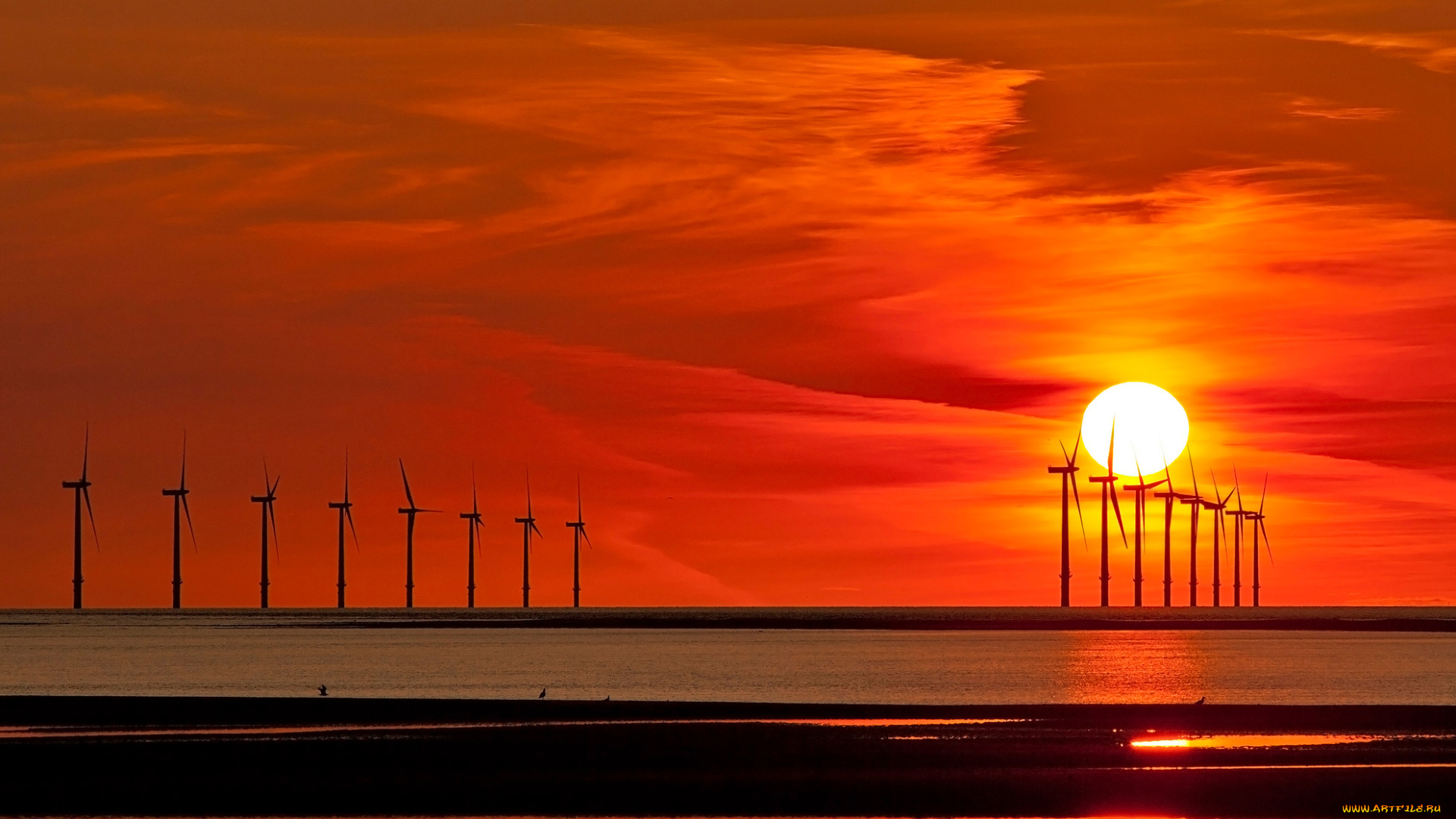 природа, восходы, закаты, море, закат, солнце, облака, небо, ветряная, мельница, отлив