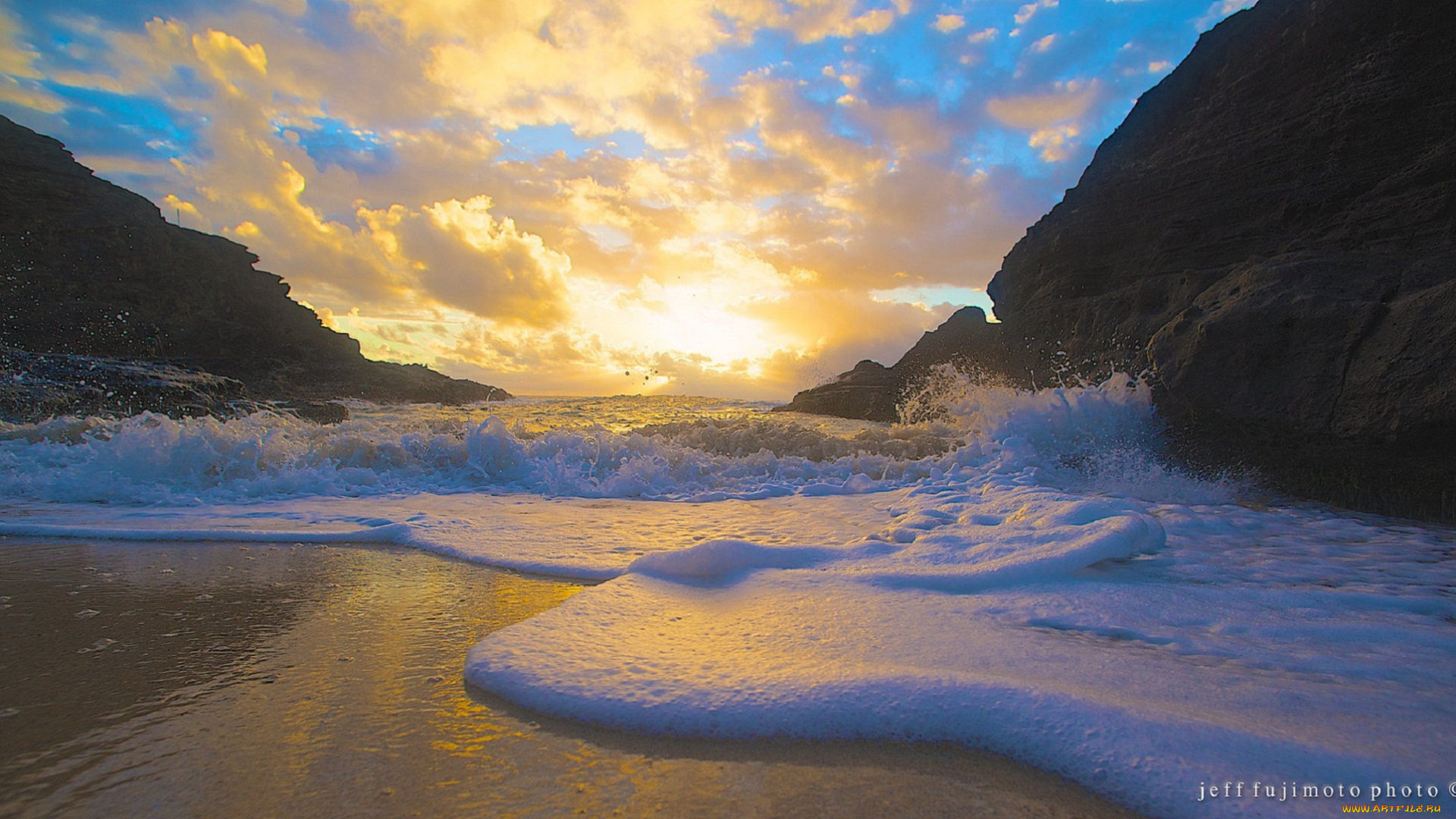 природа, восходы, закаты, закат, море, волна, пена, песок, скалы, небо, облака