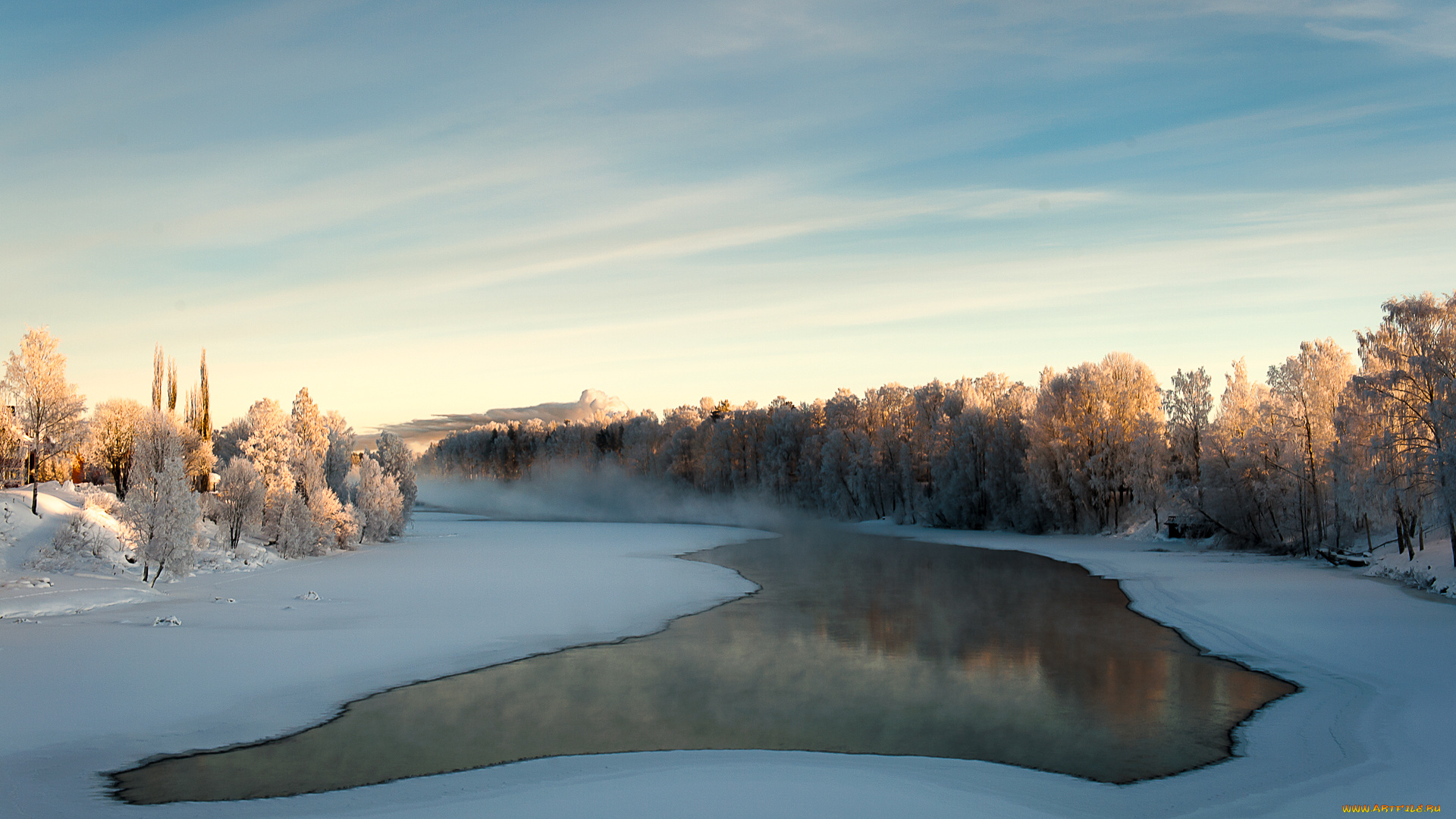 природа, зима, река, снег, деревья, дымка, туман, вода, лед