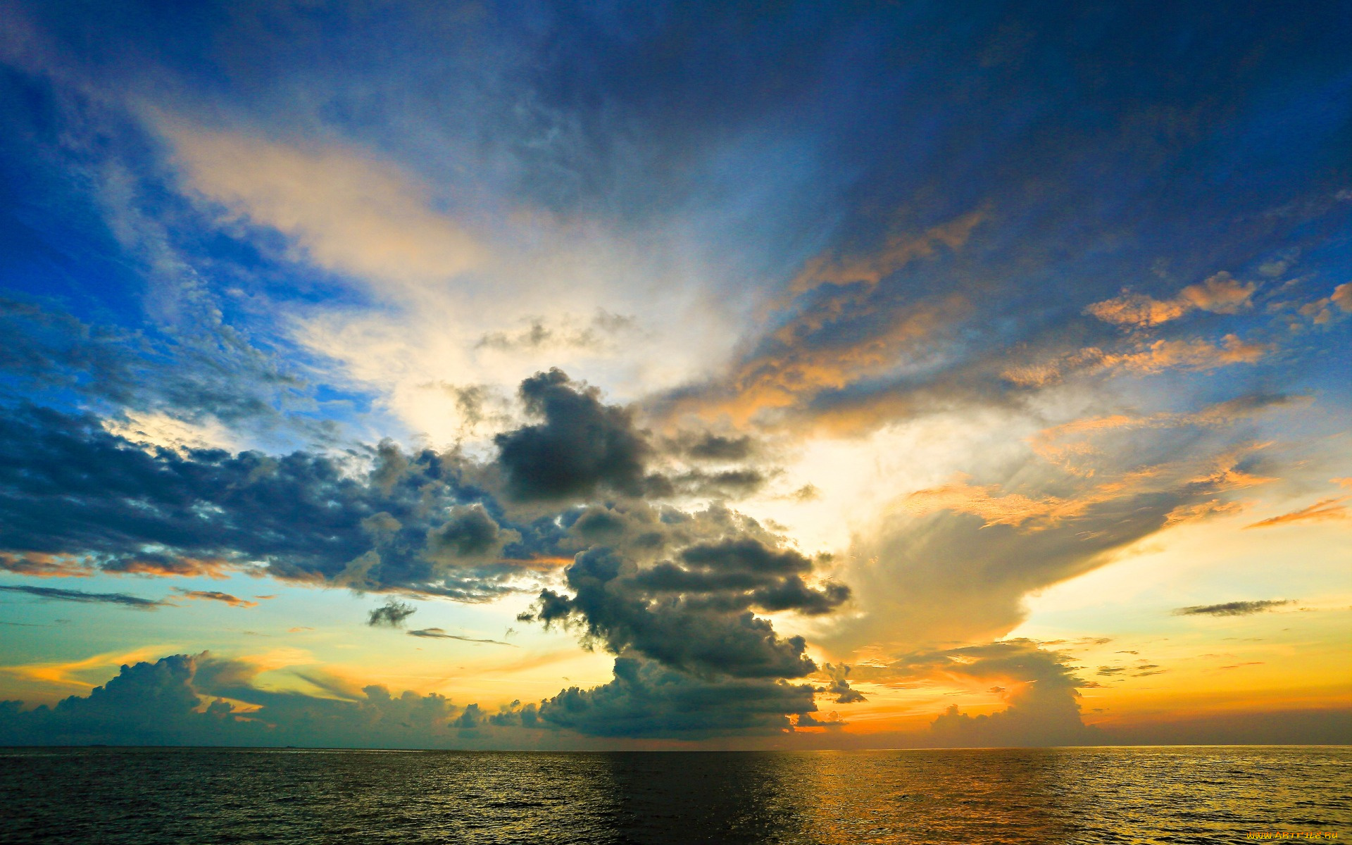 природа, моря, океаны, море, горизонт, закат, облака, небо