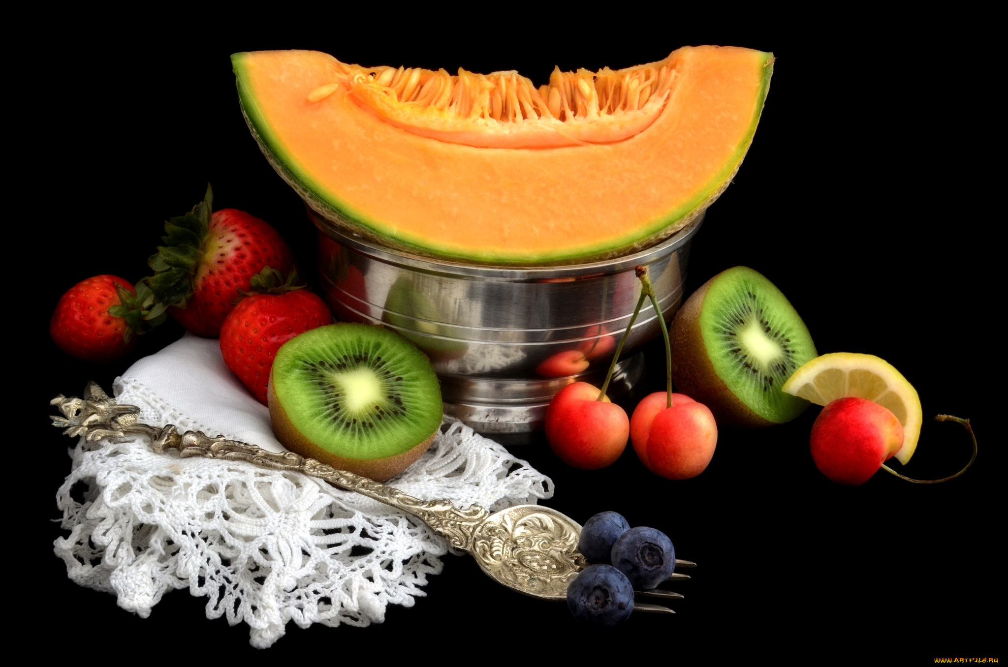 еда, фрукты, и, овощи, вместе, киви, клубника, дыня, черешня, голубика