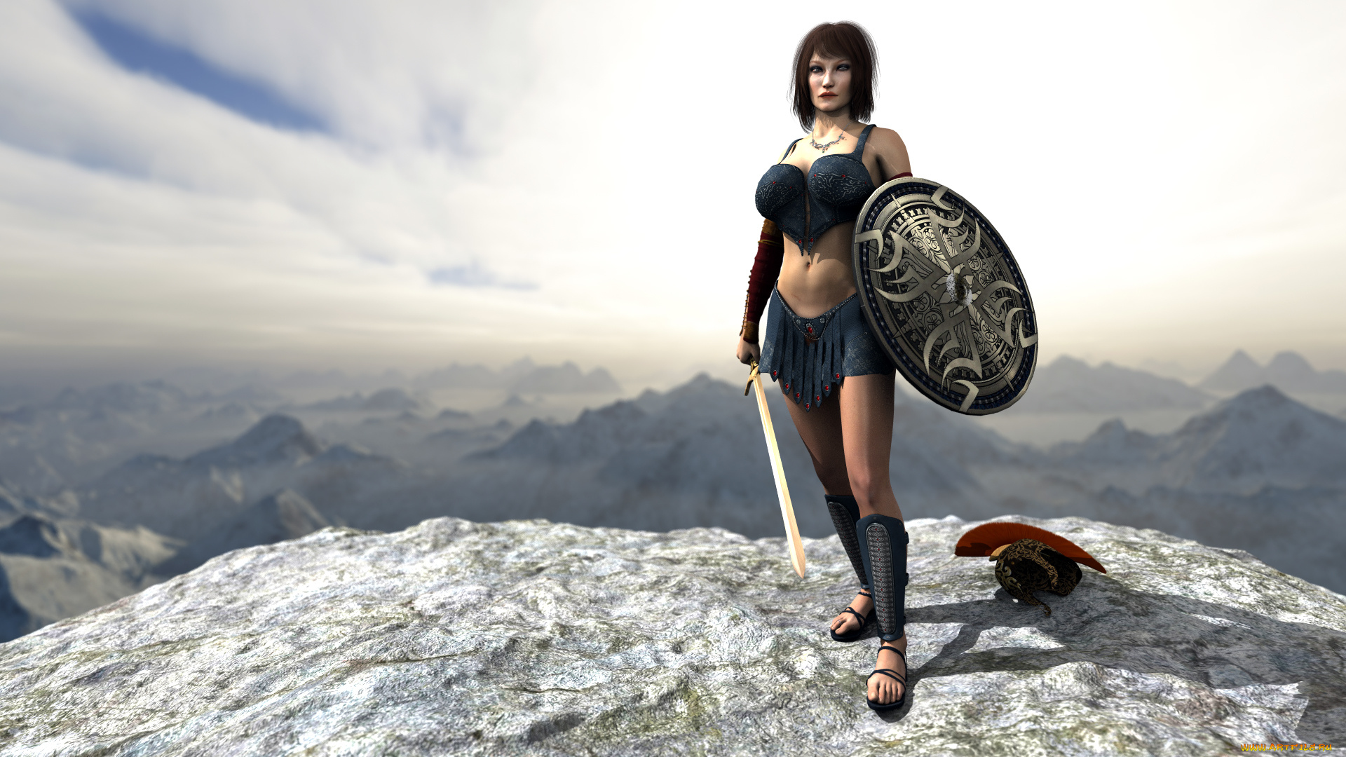 3д, графика, амазонки, , amazon, девушка, фон, взгляд, щит, меч, униформа, амазонка