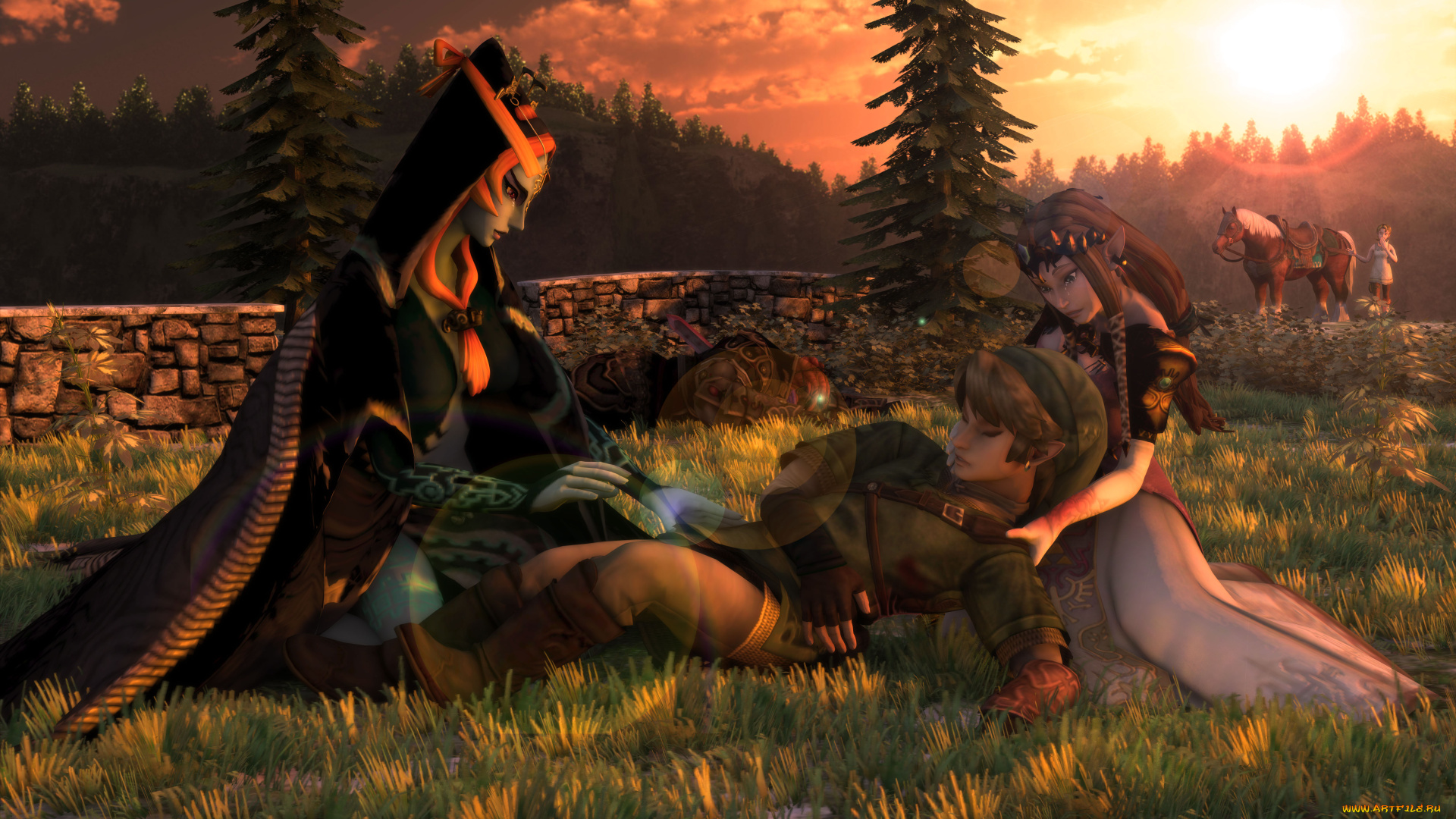 3д, графика, эльфы, , elves, рассвет, взгляд, элфы, лошадь