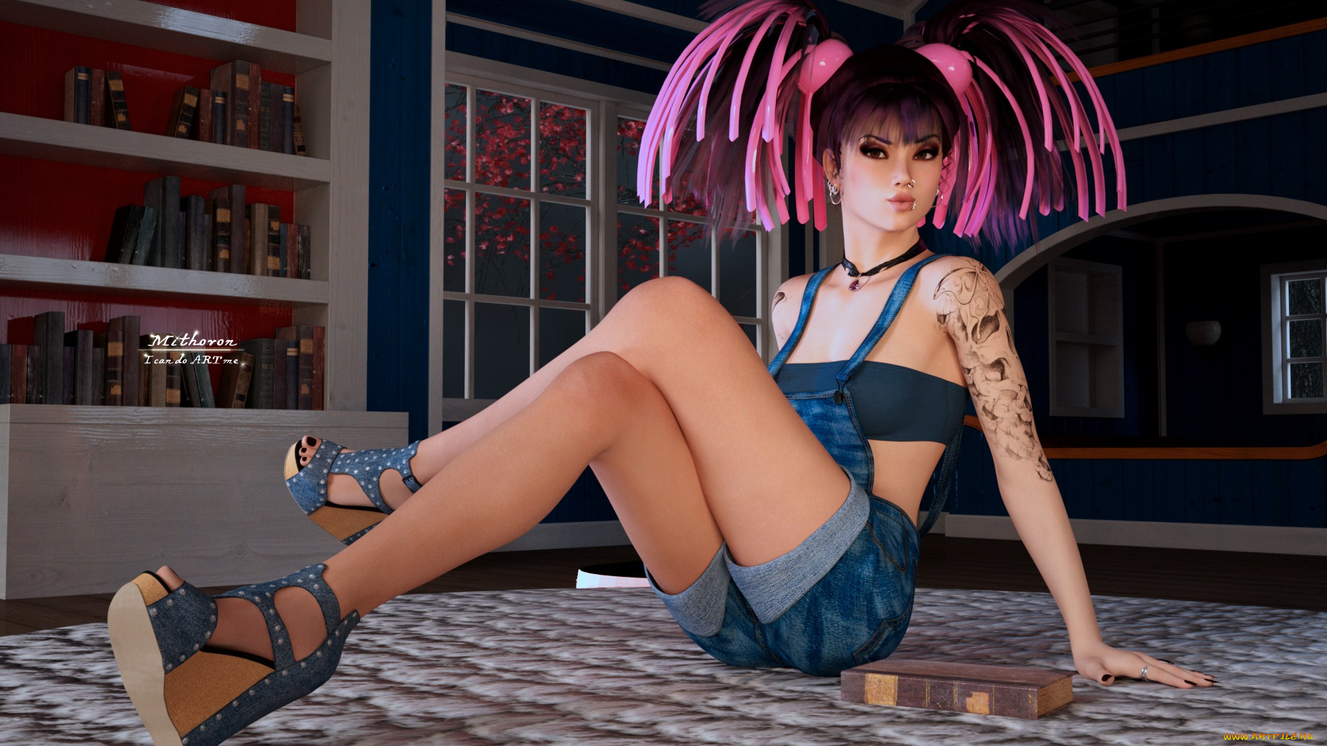 3д, графика, люди, , people, девушка, взгляд, фон, интерьер, книги