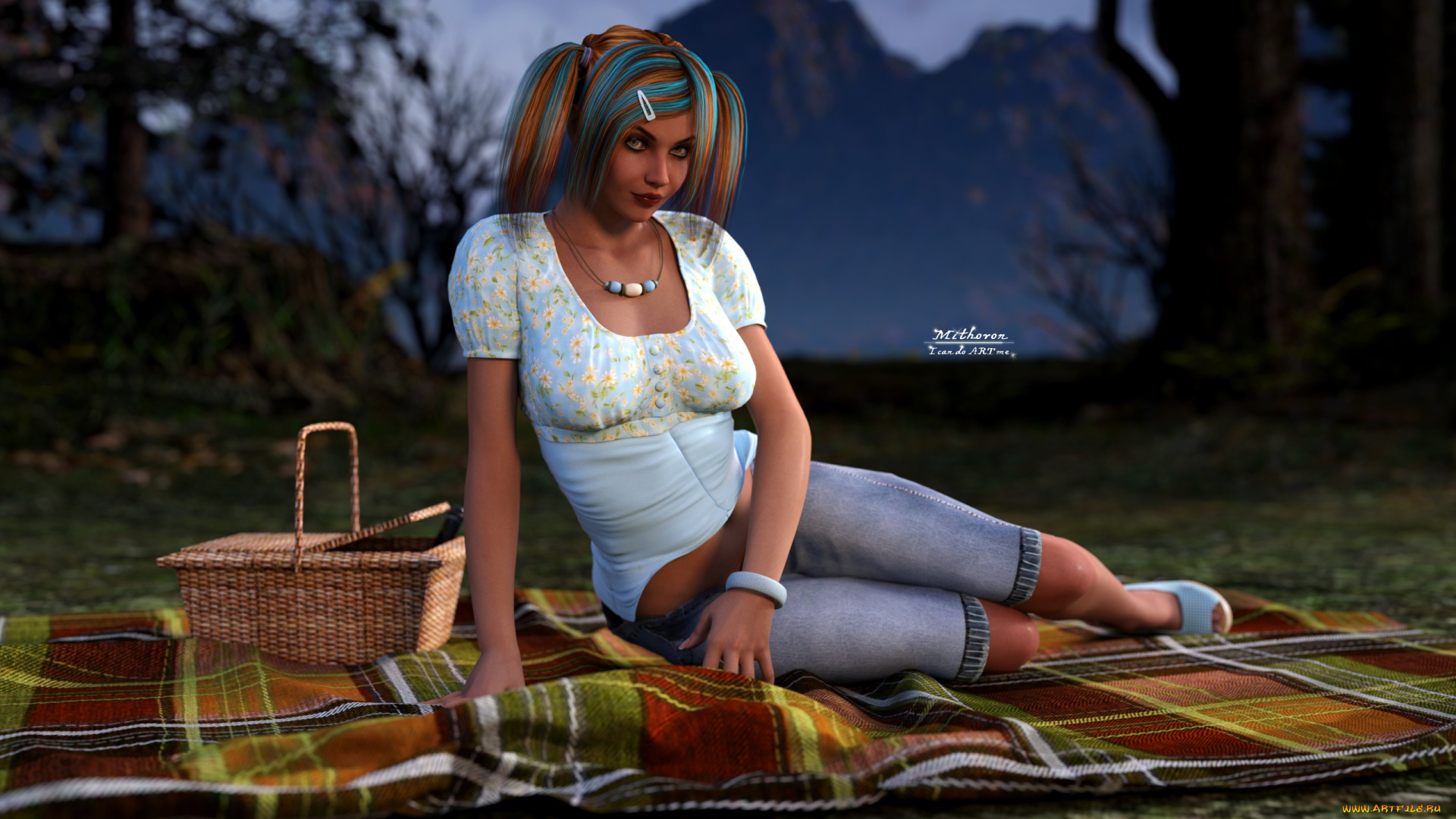 3д, графика, люди, , people, девушка, взгляд, фон, корзина, горы