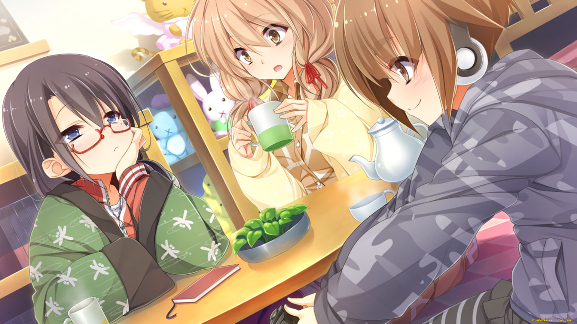 аниме, музыка, девушки, взгляд, фон, стол