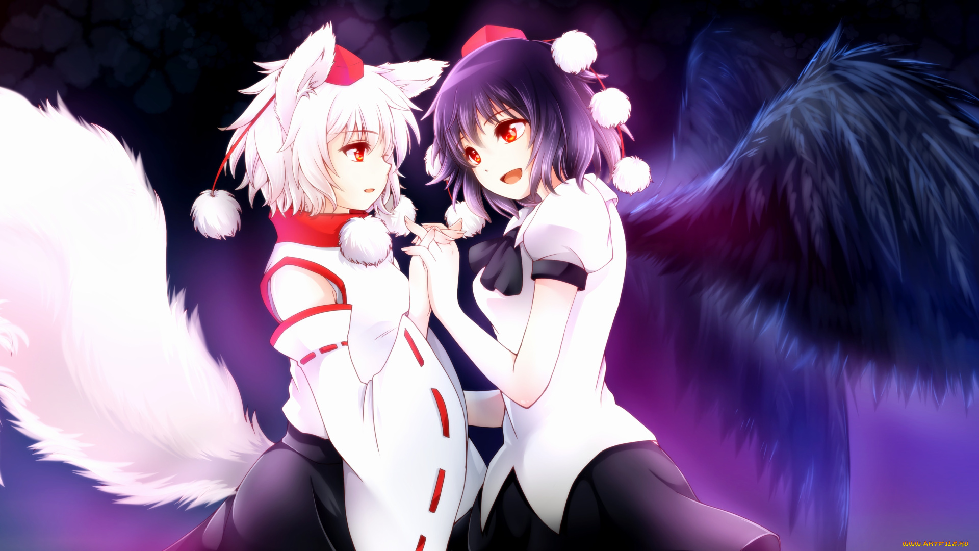 аниме, touhou, хвост, девушки, ушки, shameimaru, aya, радость, heiyanlong, art, крылья, inubashiri, momiji