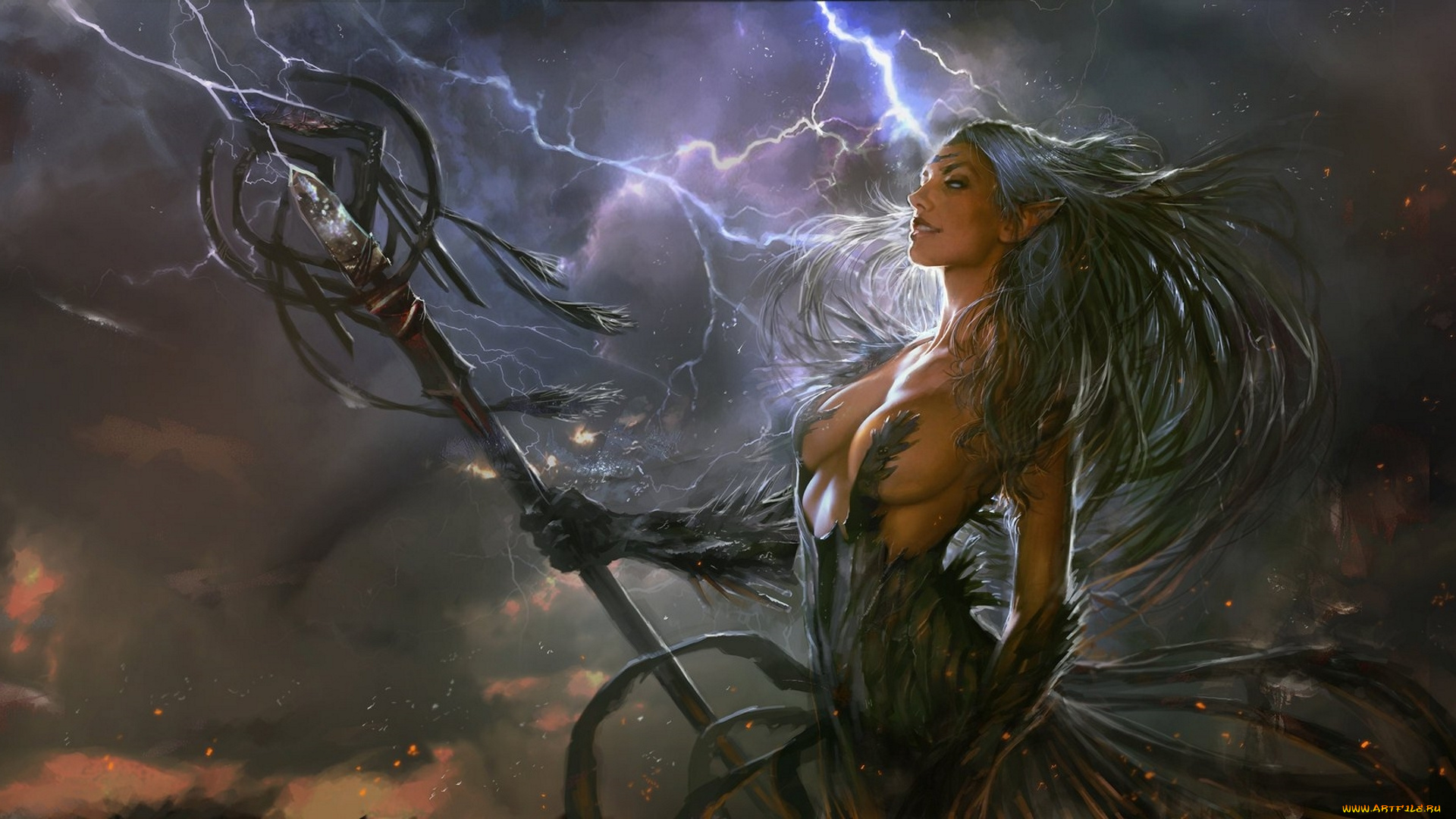 фэнтези, эльфы, by, pablofernandezartwrk, волосы, hair, ветер, wind, платье, dress, развевающиеся, flowing, lightning, посох, молния, staff, гроза, шторм, storm, ведьма, witch, девушка, girl, fantasy, рисунок, арт