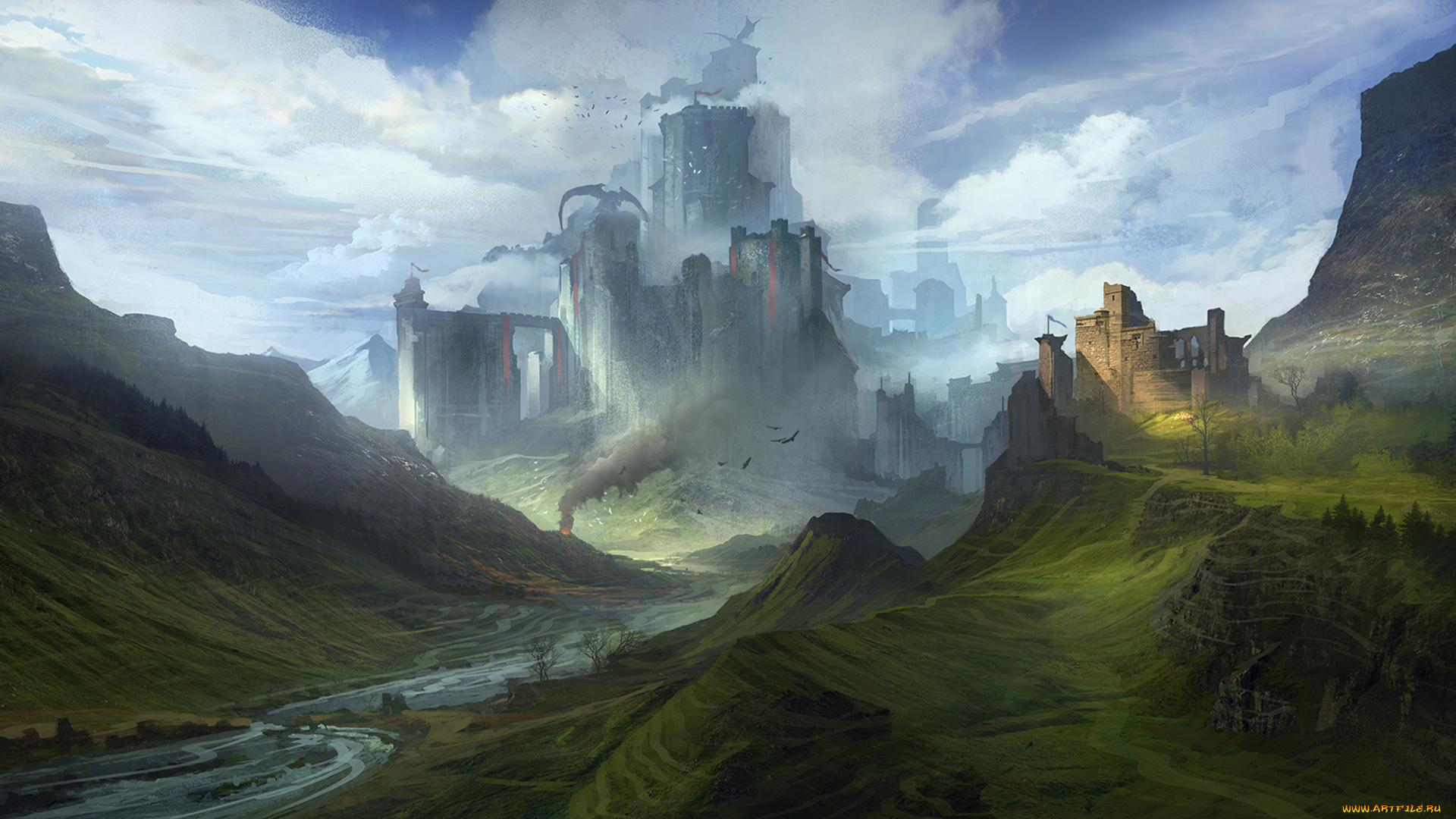 фэнтези, замки, река, фантазия, пейзаж, горы, небо, облака, крепость, дракон, замок