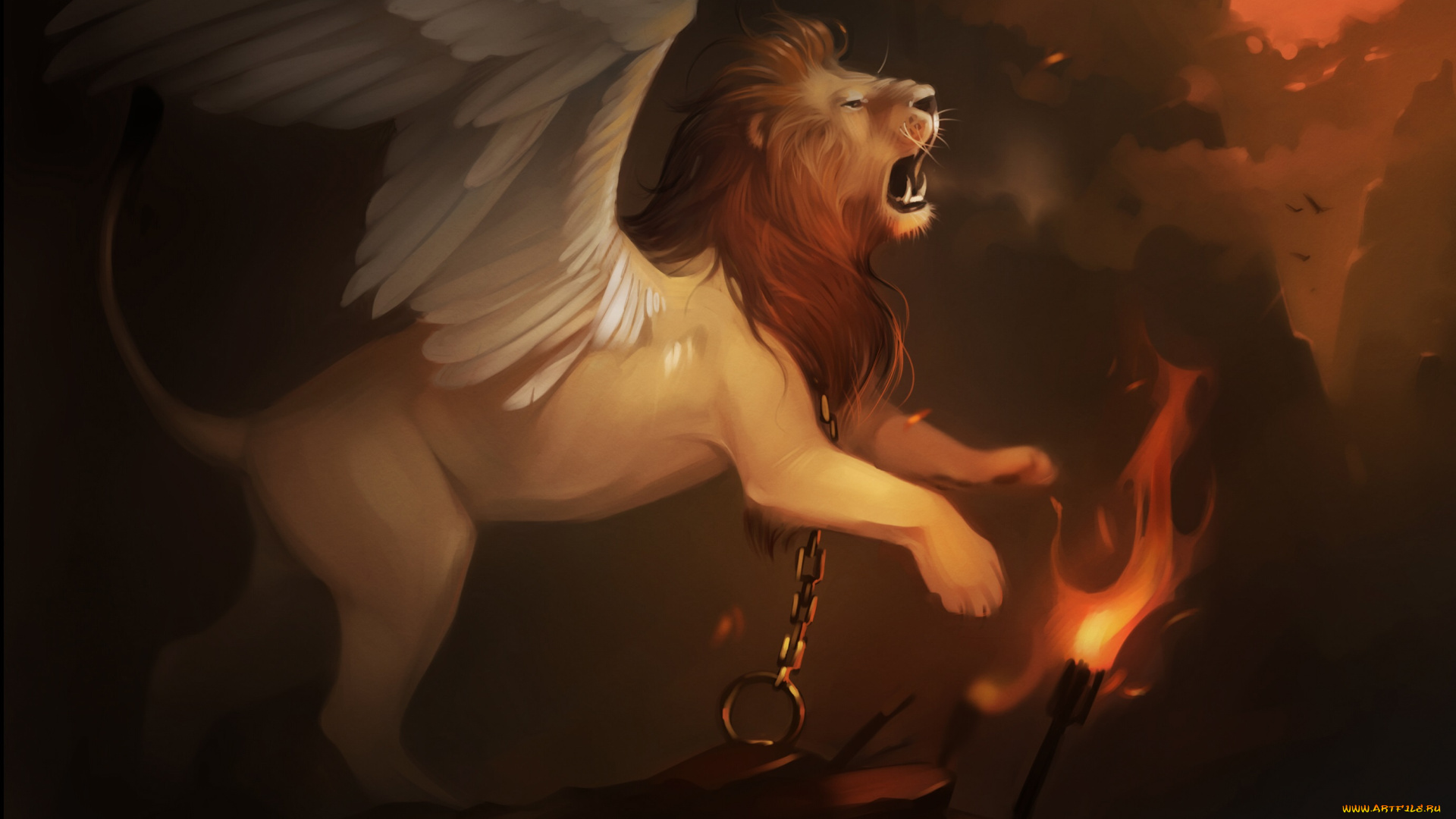 gaudibuendia, рисованное, животные, , сказочные, , мифические, закат, факел, цепь, крылья, арт, лев