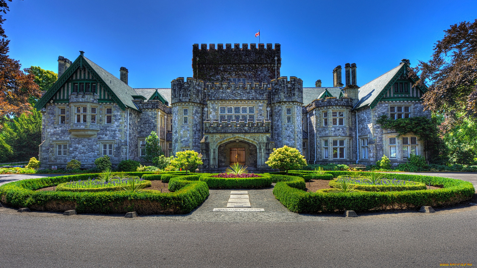 города, -, дворцы, , замки, , крепости, солнце, небо, деревья, цветы, дизайн, colwood, канада, hatley, castle, кусты, замок