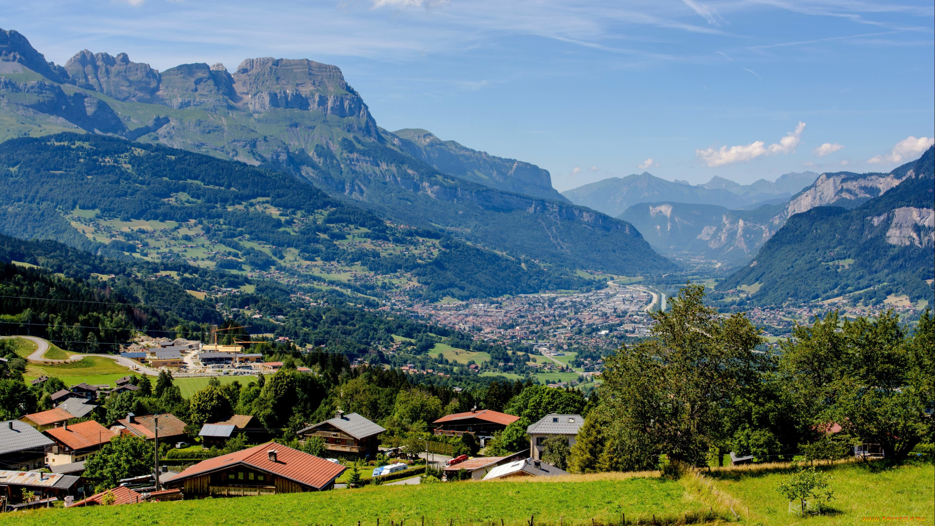 города, -, пейзажи, долина, горы, chamonix, франция, панорама, дома, деревья