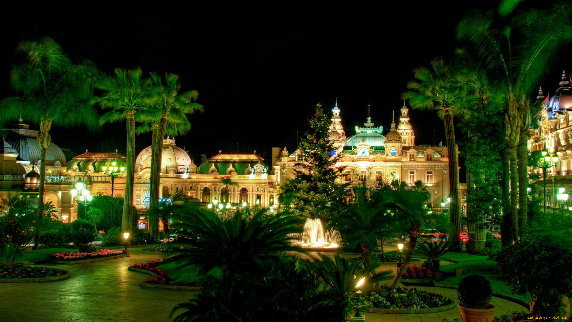 города, монако, , монако, зелень, дизайн, дорожки, дворец, цветы, фонтан, сад, фонари, огни, ночь, monte, carlo, casino, газон, пальмы, елка, кусты