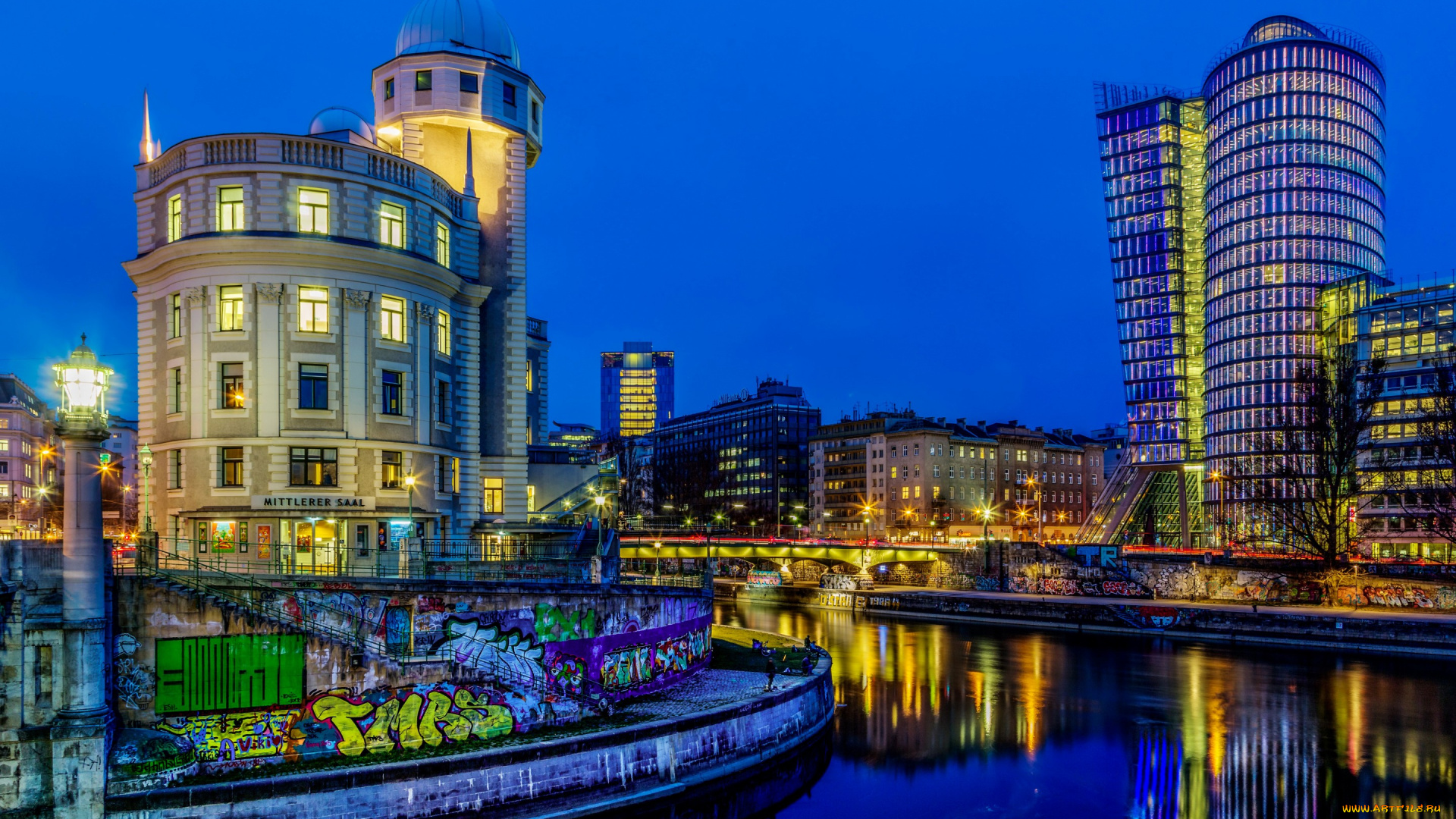 города, вена, , австрия, дома, набережная, канал, река, фонари, vienna, огни, ночь, граффити, рыбаки, дизайн