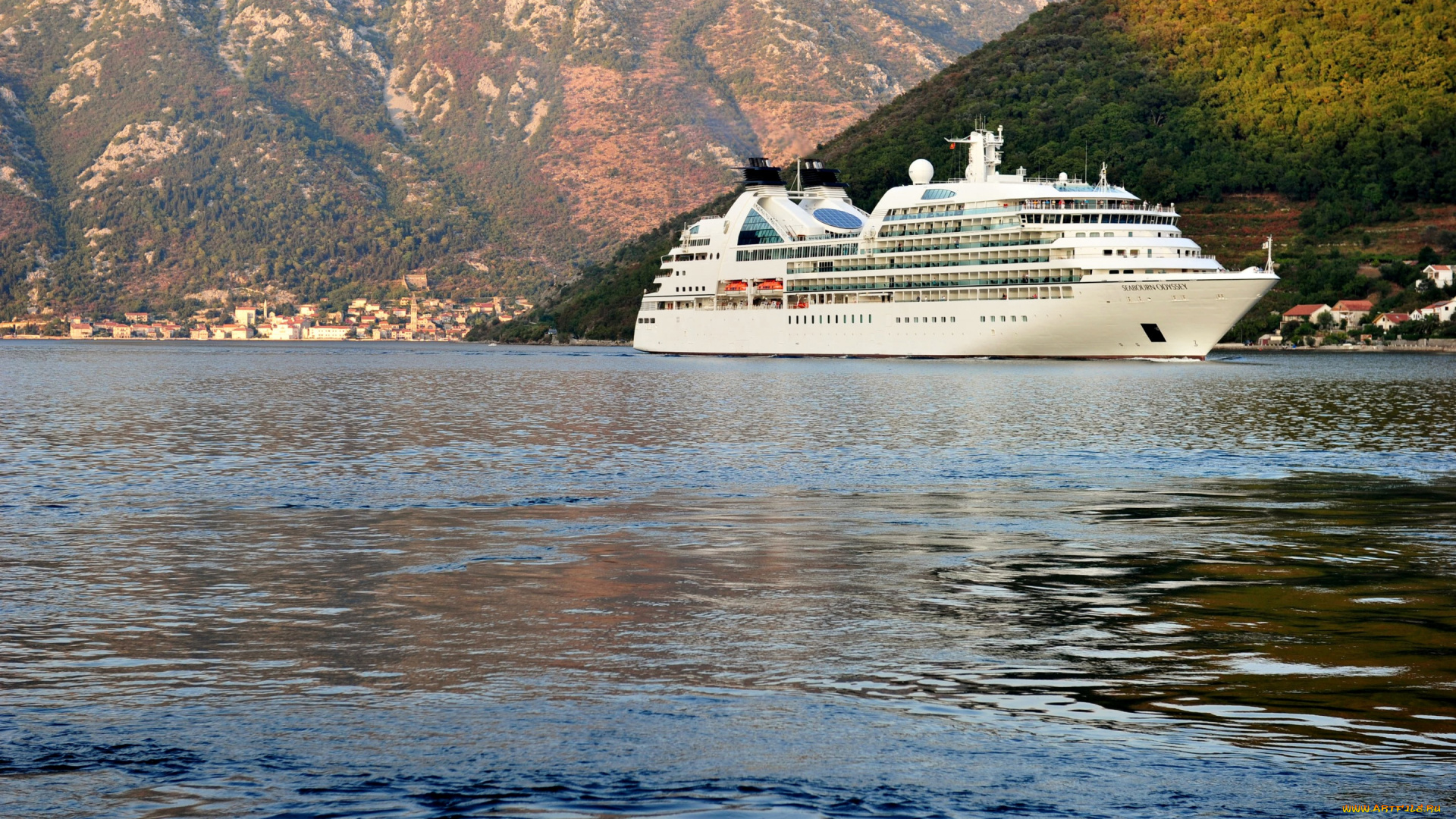 корабли, лайнеры, лайнер, круизный, дома, деревья, горы, побережье, море, Черногория