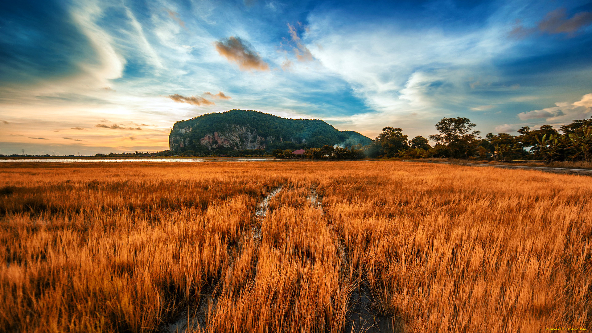 природа, поля, осень, поле, облака, небо, вечер, скалы, гора, колея, вода, трава