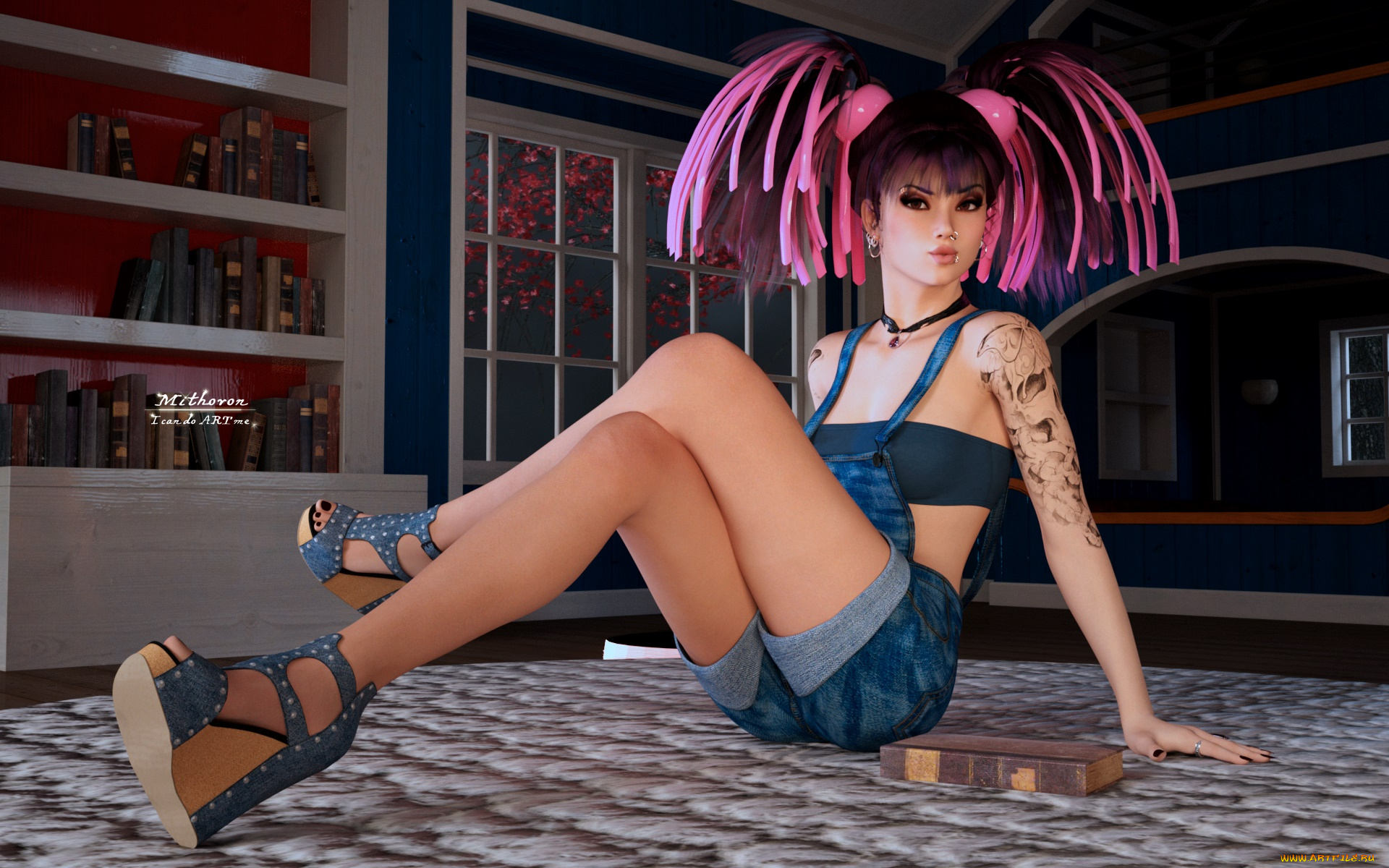 3д, графика, люди, , people, девушка, взгляд, фон, интерьер, книги