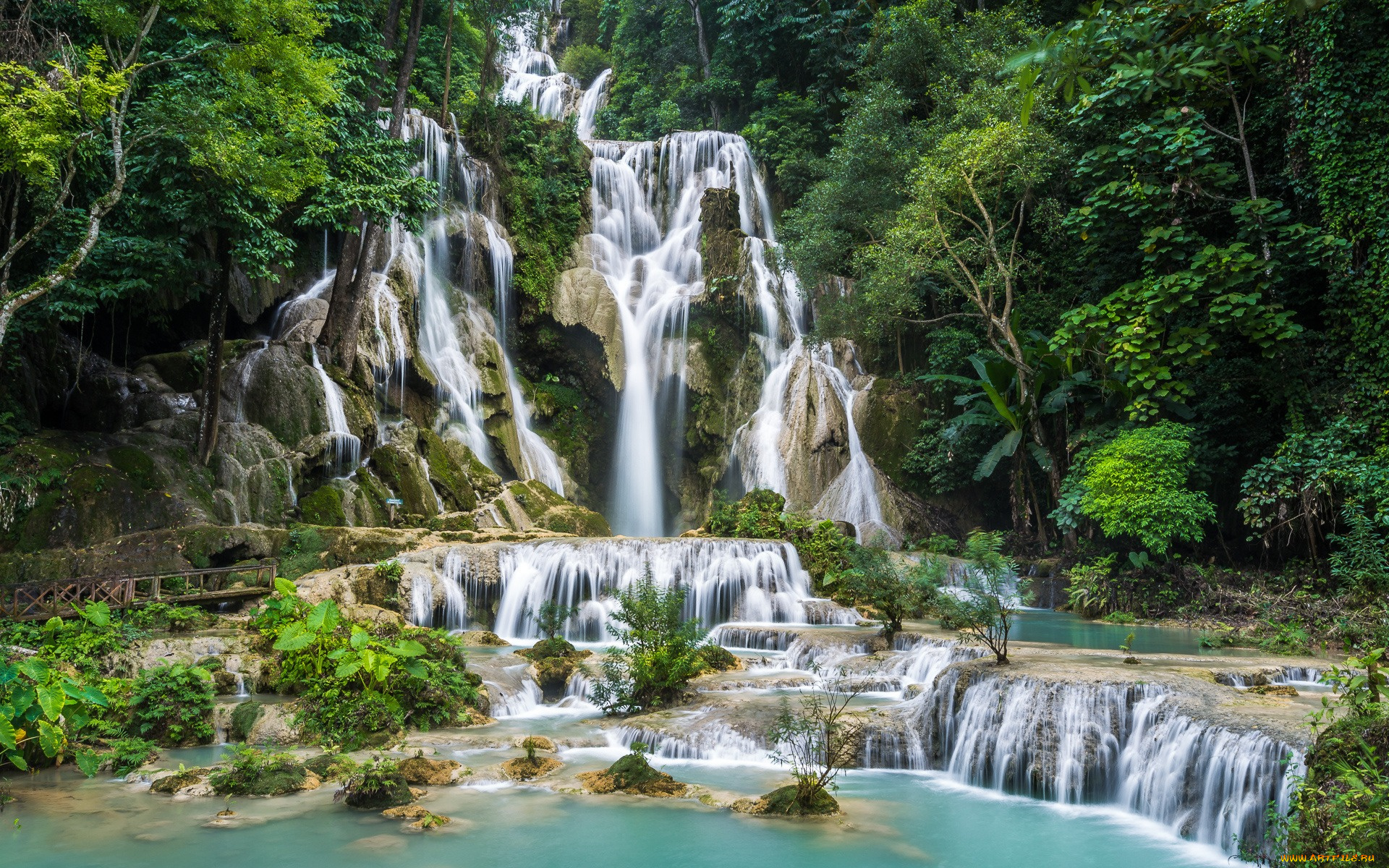 природа, водопады, водопад, лес, деревья, скалы, камни, kuang, si, waterfall, laos