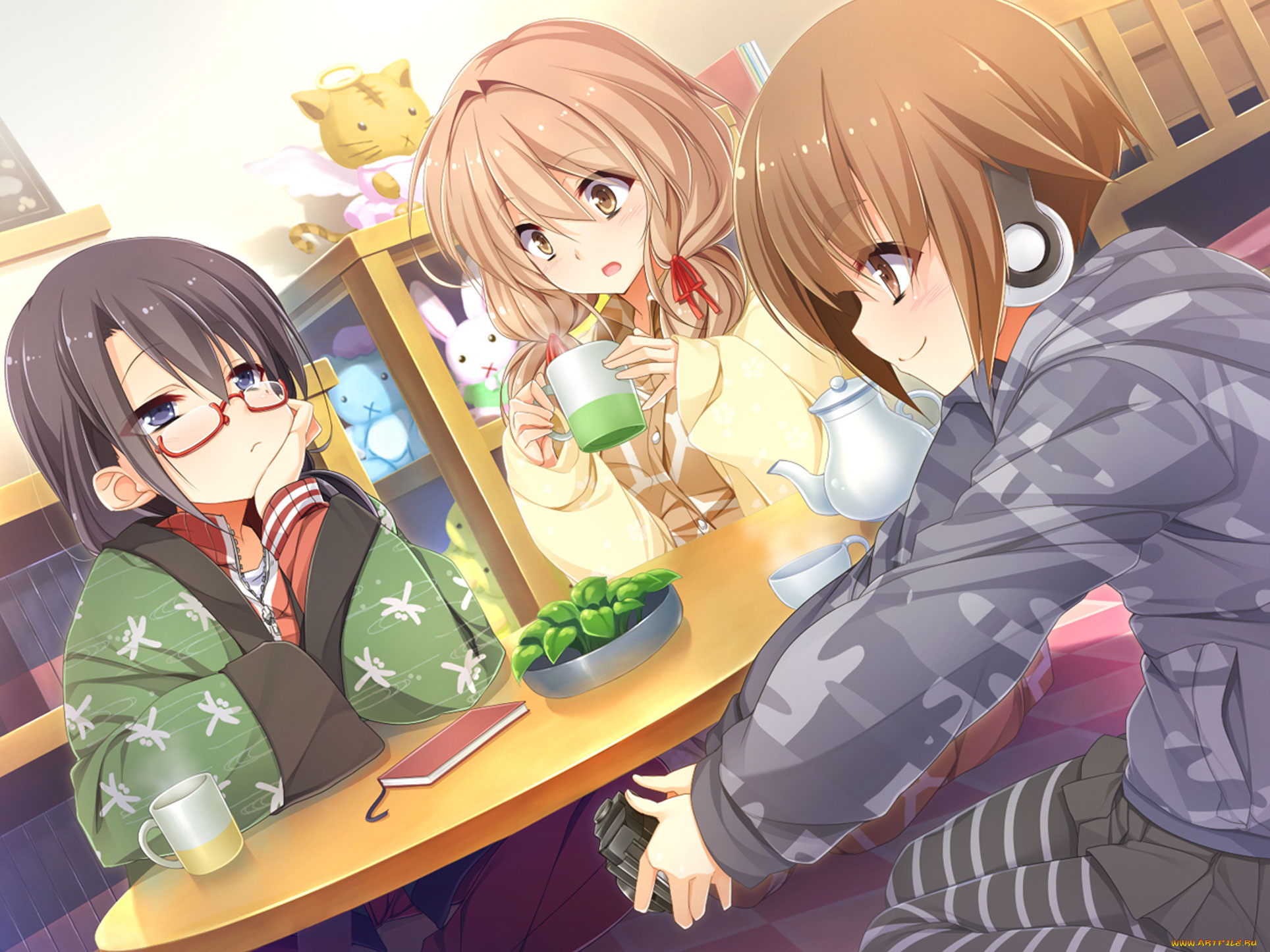 аниме, музыка, девушки, взгляд, фон, стол