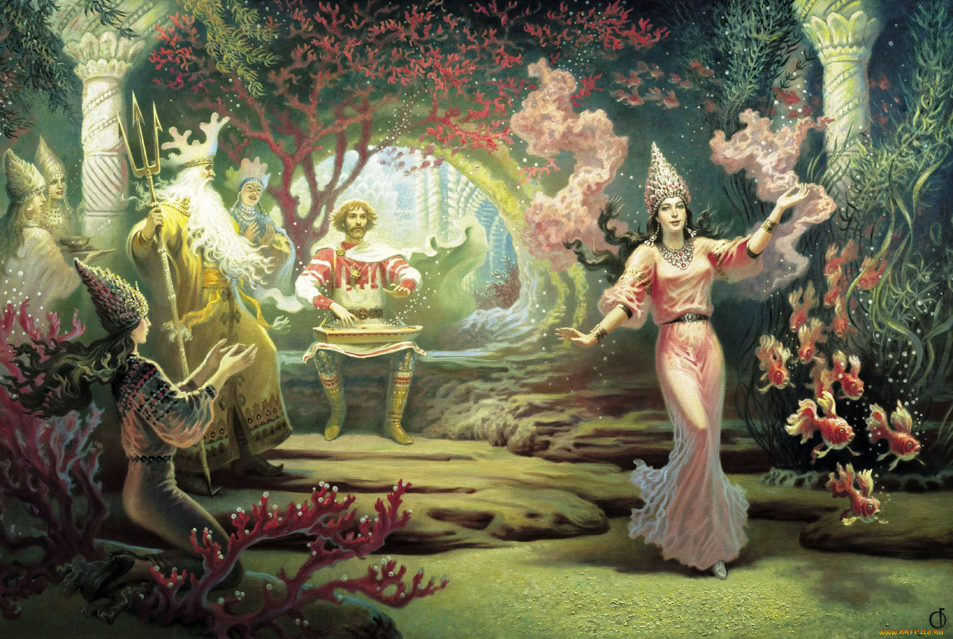 садко, в, подводном, царстве, рисованное, борис, ольшанский, люди, танец, гусли, колонны, дворец, кораллы