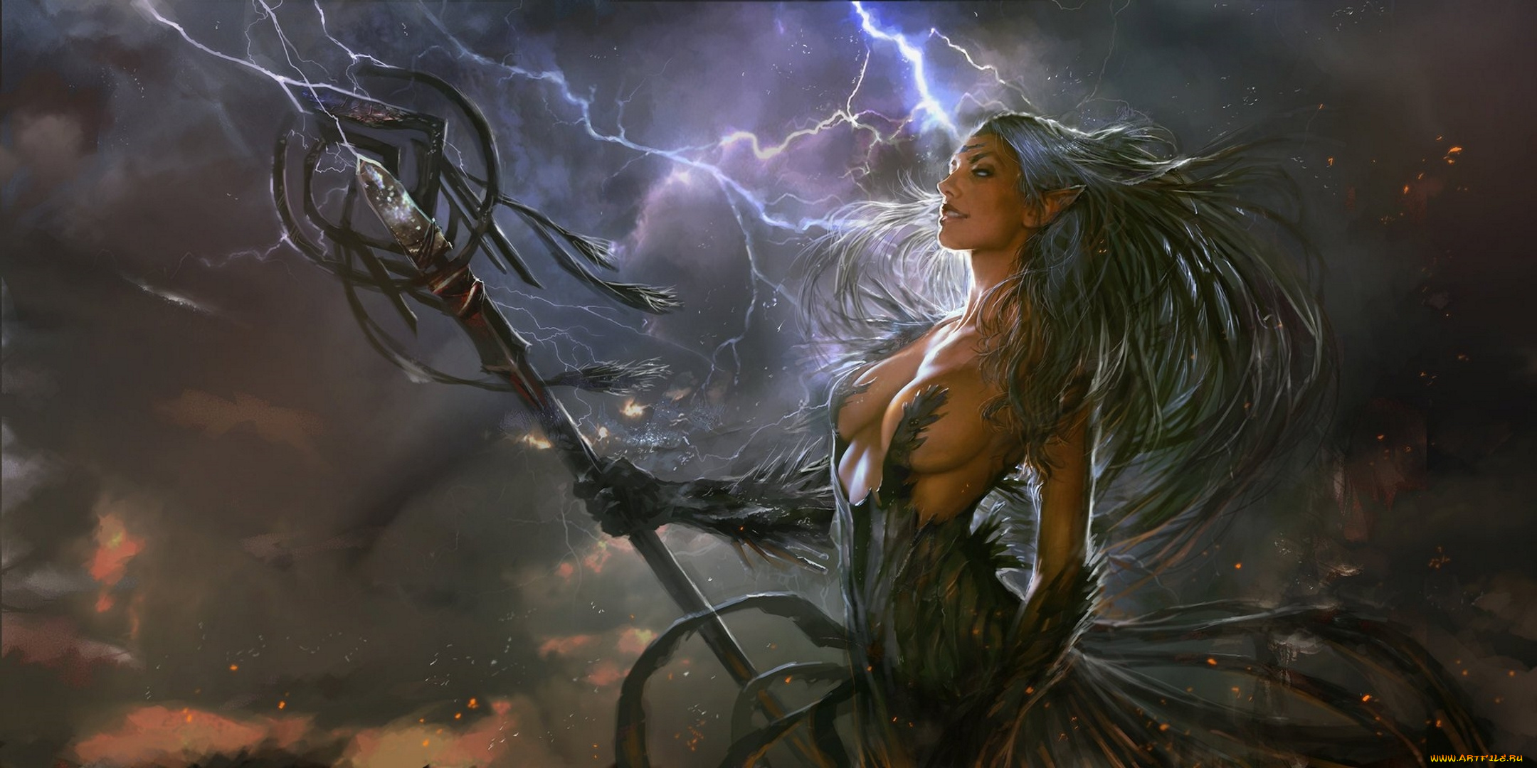фэнтези, эльфы, by, pablofernandezartwrk, волосы, hair, ветер, wind, платье, dress, развевающиеся, flowing, lightning, посох, молния, staff, гроза, шторм, storm, ведьма, witch, девушка, girl, fantasy, рисунок, арт