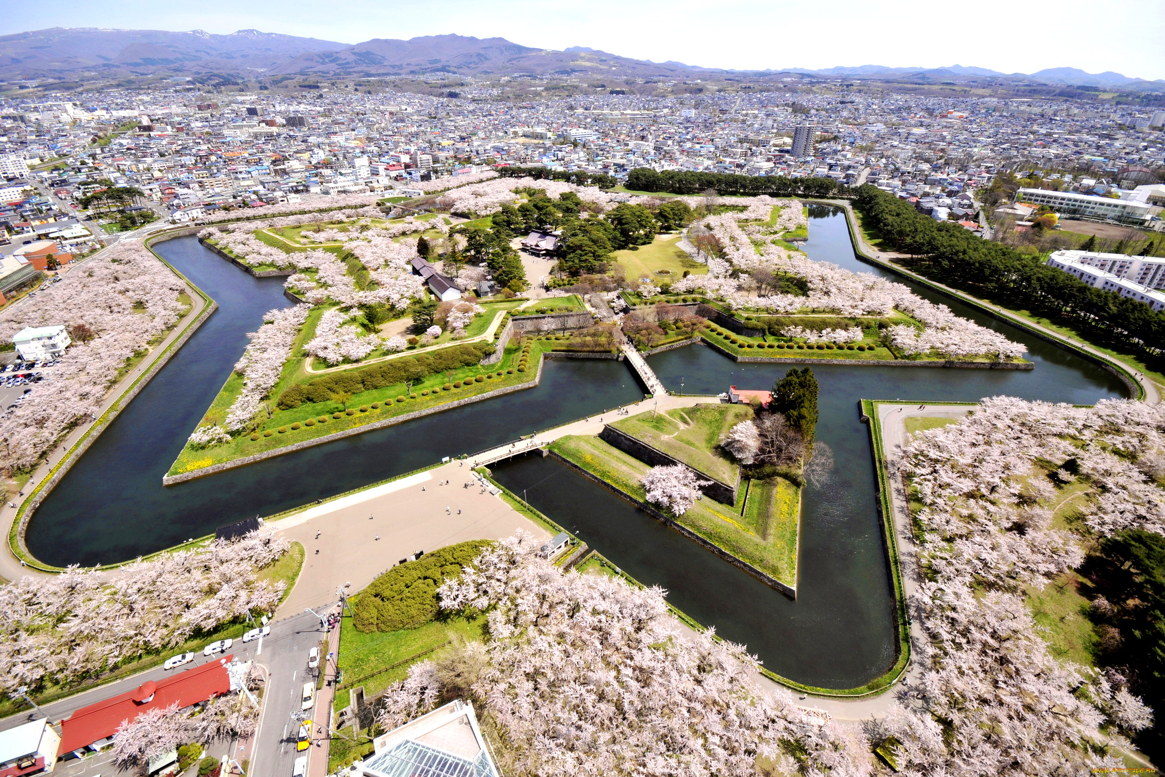 города, -, панорамы, hakodate, панорама, дизайн, goryokaku, park, Япония, парк, канал