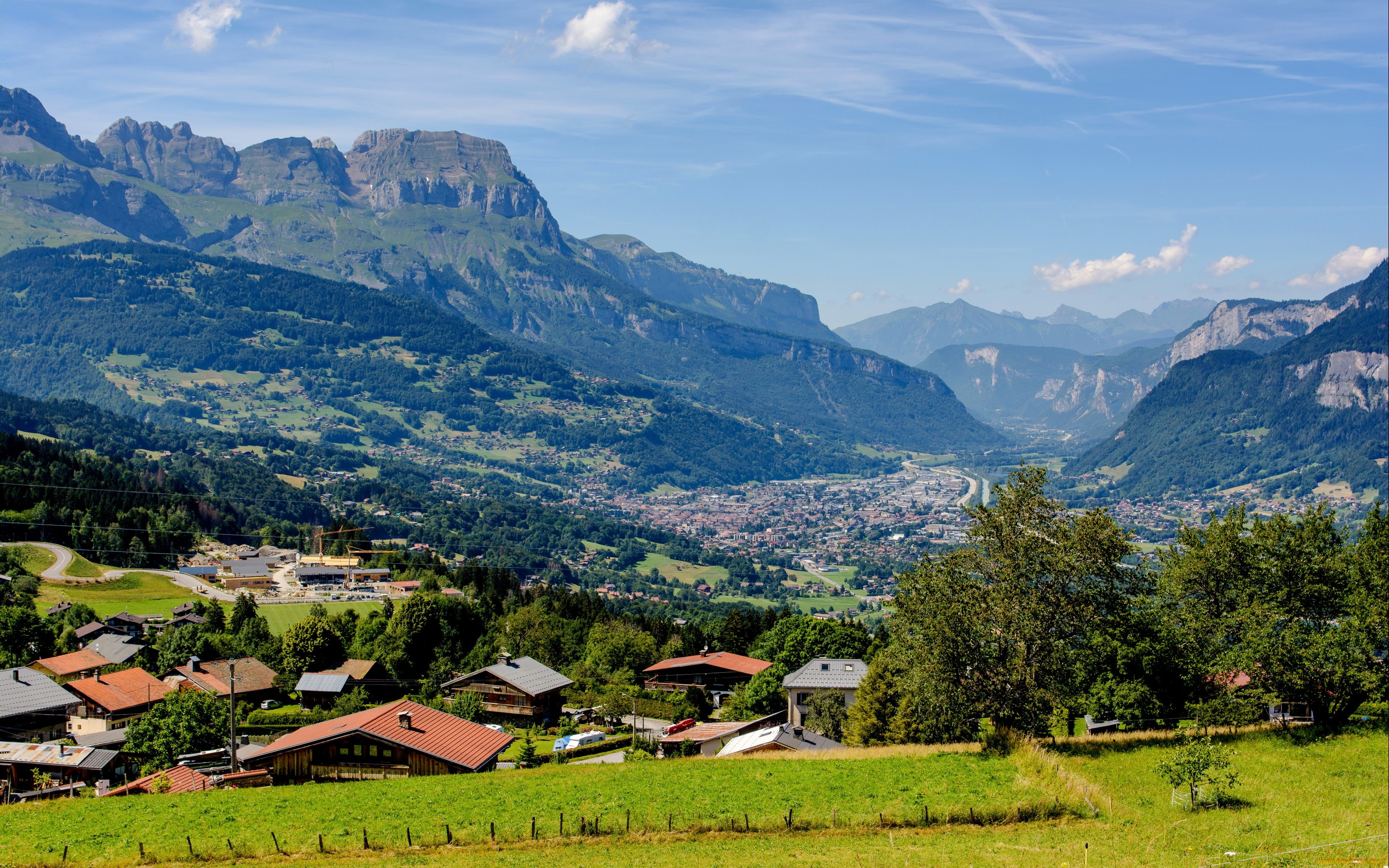 города, -, пейзажи, долина, горы, chamonix, франция, панорама, дома, деревья