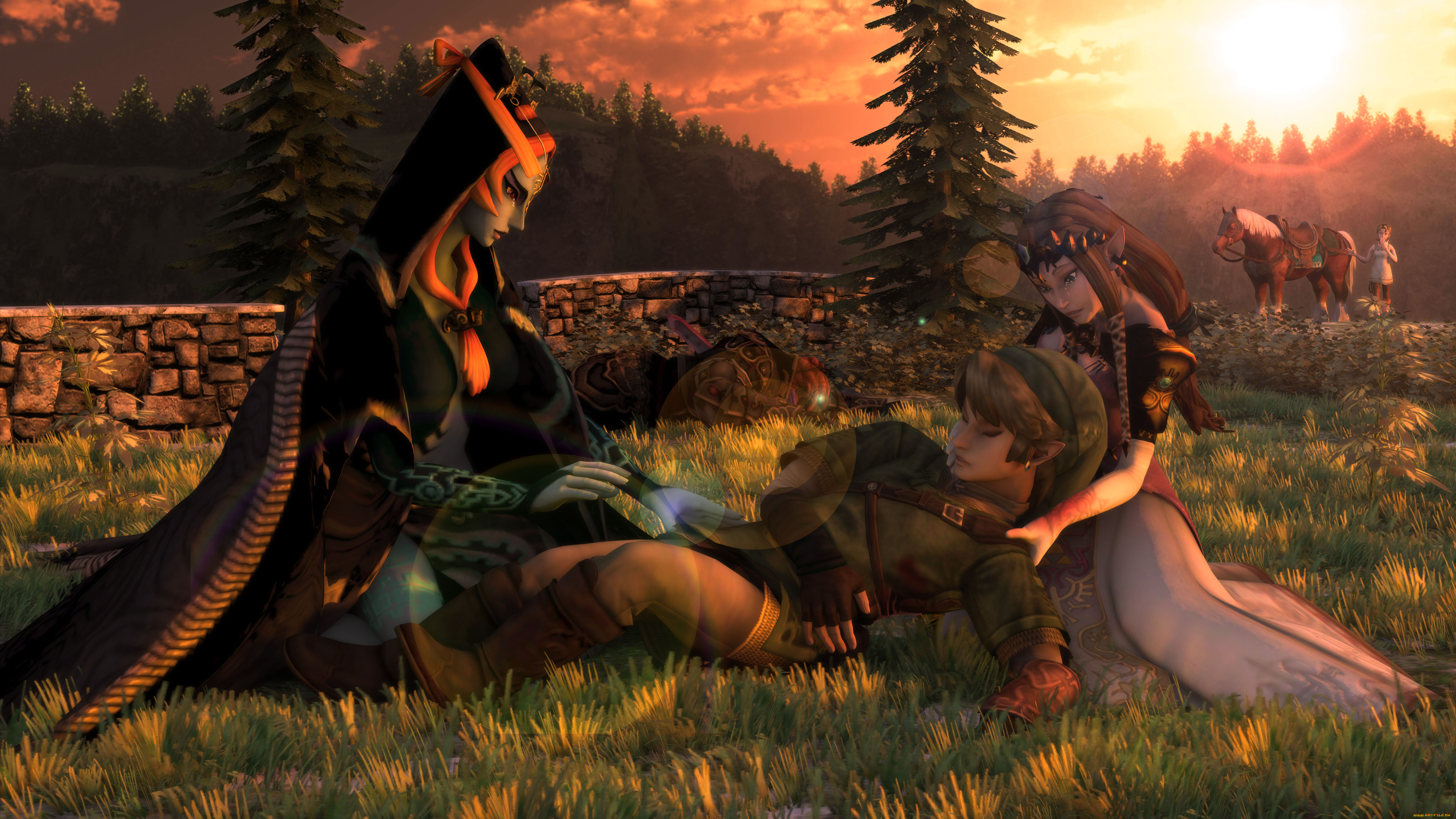 3д, графика, эльфы, , elves, рассвет, взгляд, элфы, лошадь