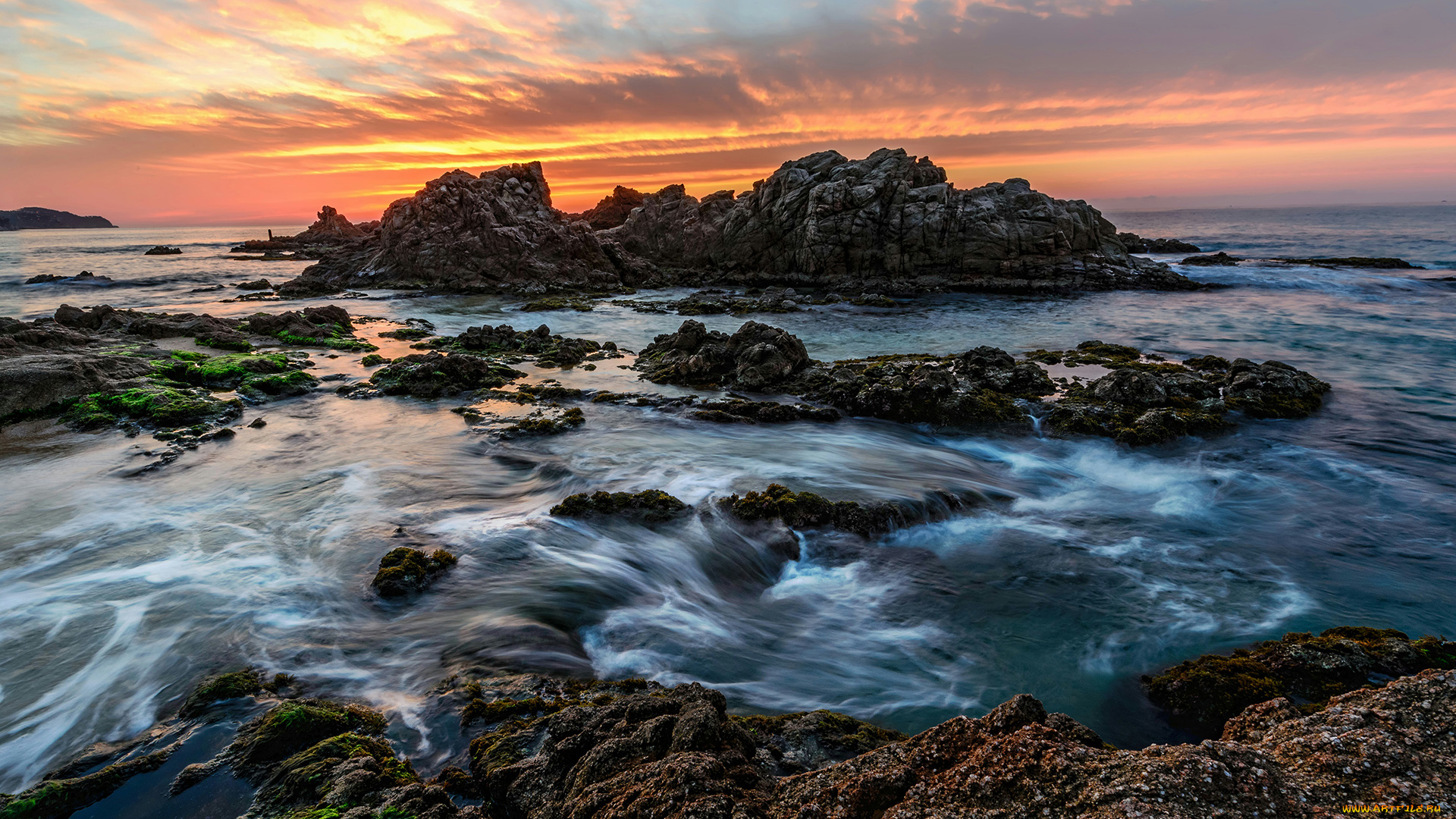 природа, побережье, море, волны, скалы, закат