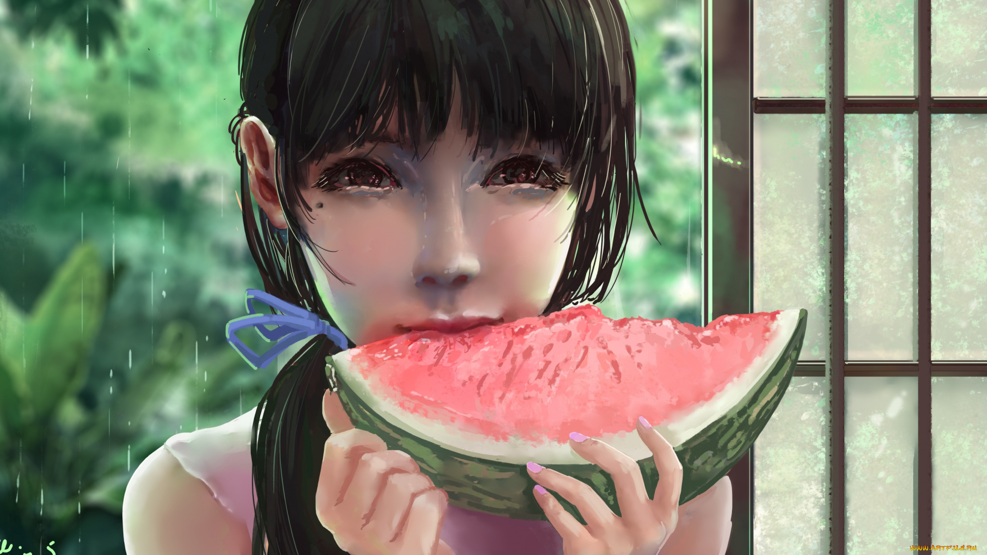 рисованное, дети, девушка, дождь, by, xichechen, арбуз